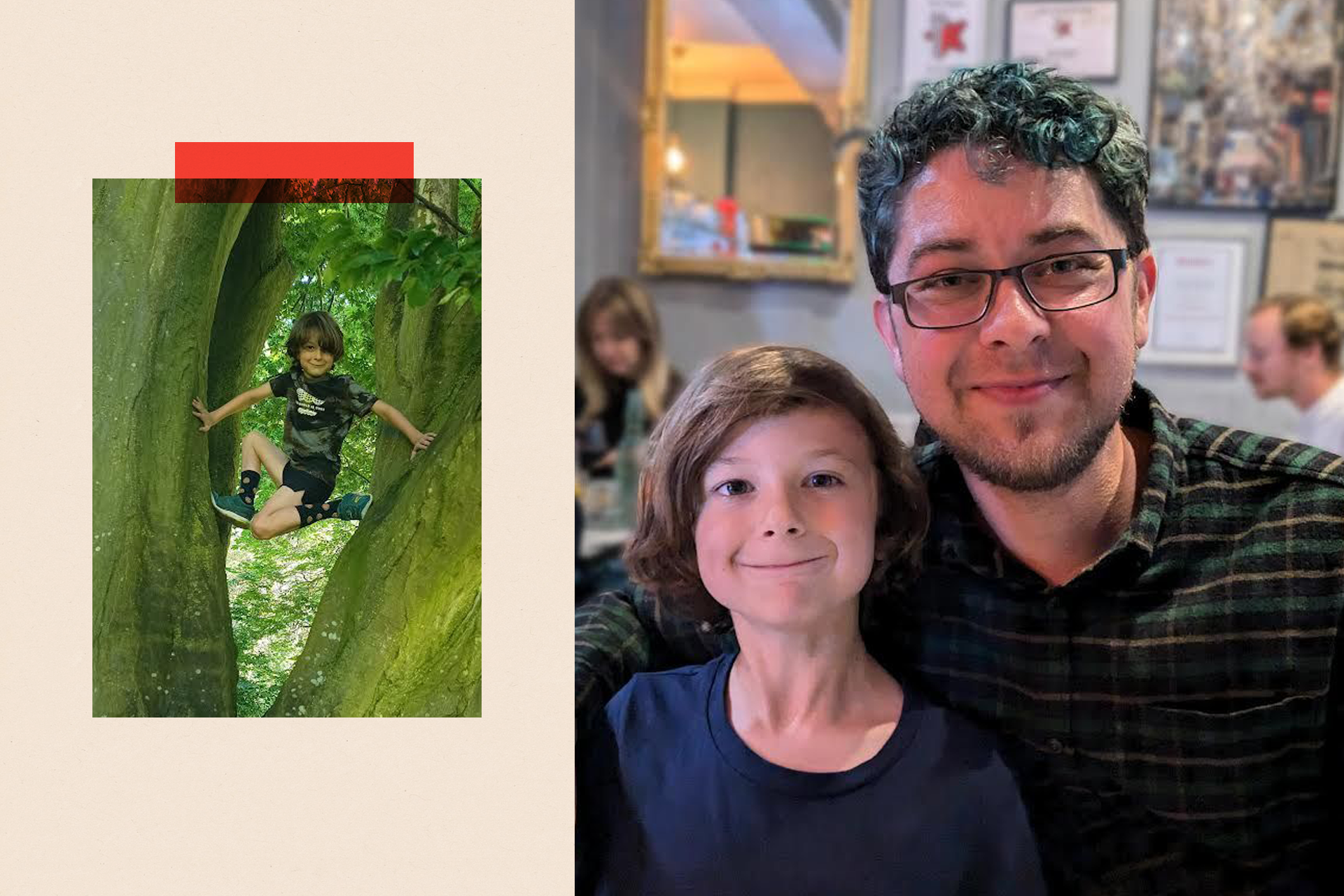 There are two images here - one shows Toby climbing a tree, and the other is Toby with his father Daniel - both are smiling to camera.