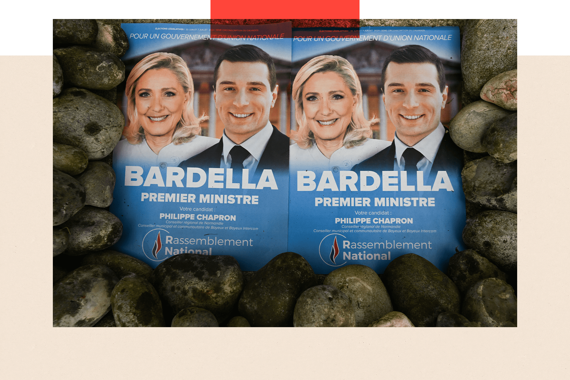 Two National Rally electoral posters with images of Marine Le Pen, President of the National Rally group in the National Assembly, and Jordan Bardella, President of the National Rally