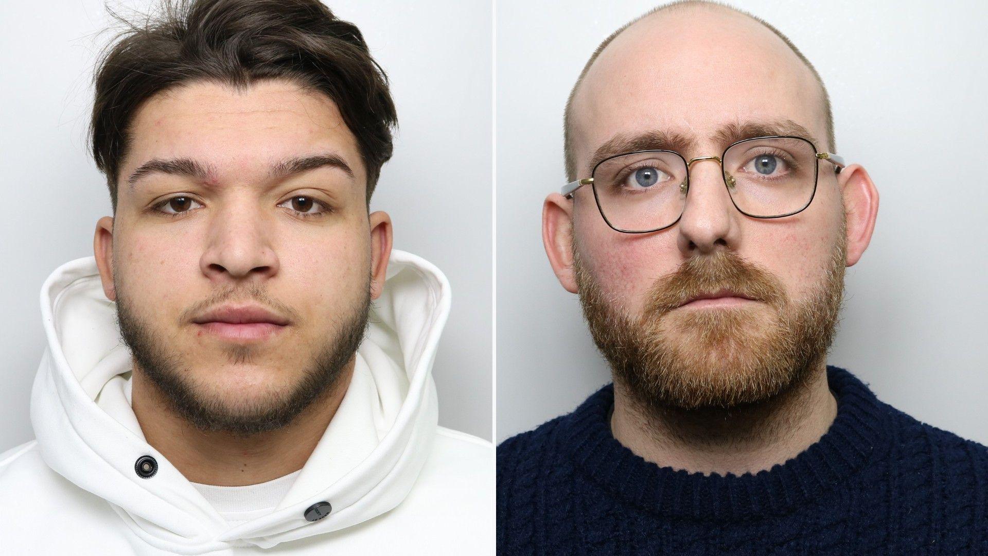Two mugshots side by side. The first one shows a man with brown hair and in a white jumper while the second shows a bespectacled bald man with a beard. He wears blue knitwear.