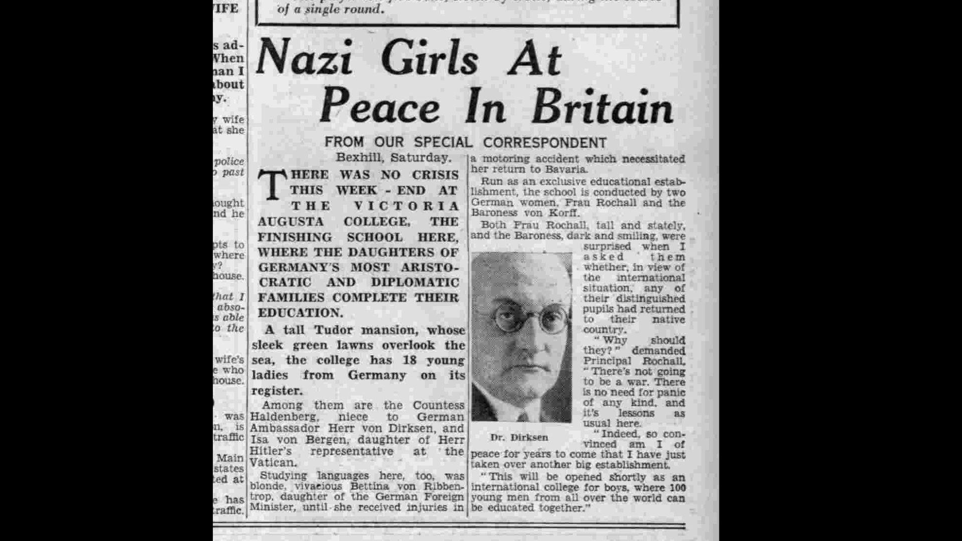 A newspaper excerpt from The People newspaper 30 April 1939 which reported that the founder of the Augusta Victoria College, Frau Helena Rocholl, insisted that a war was not coming.