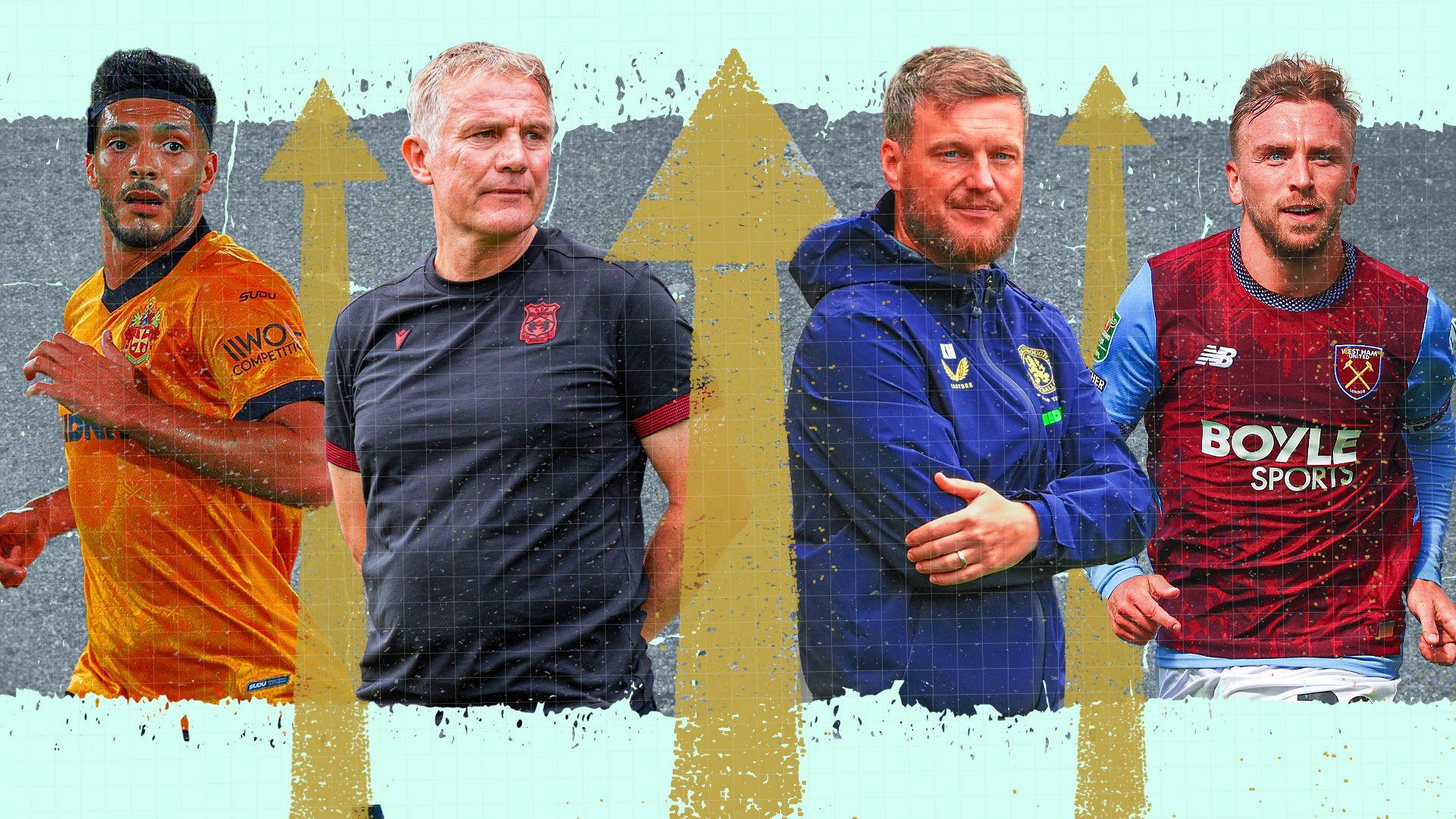 A compositive image featuring Raul Jimenez of Wolves, Wrexham boss Phil Parkinson, Middlesbrough boss Kim Hellberg and Jarrod Bowen of West Ham, separated by golden arrows pointing upwards.
