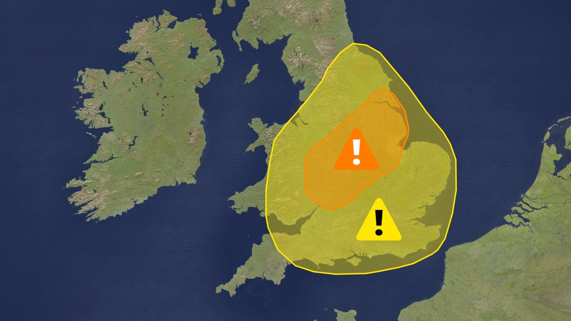 A map showing warning areas across the UK on Monday. A yellow warning area covers much of England and Wales, with an amber warning across parts of Yorkshire, the Midlands and south-west England.  