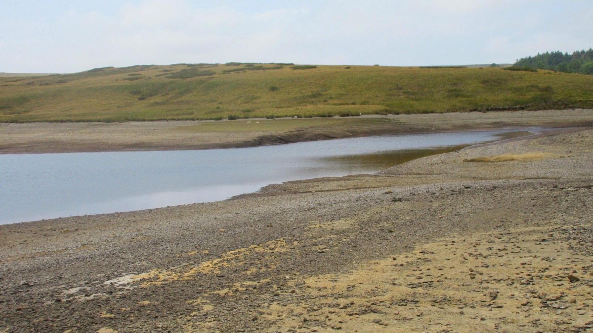  Llyn Aled Isaf in Conwy. The banks of the lake are dried up, the nearest bank is sandy with pebbles on, the bank in the distance is green, with a hill rising up behind it. 