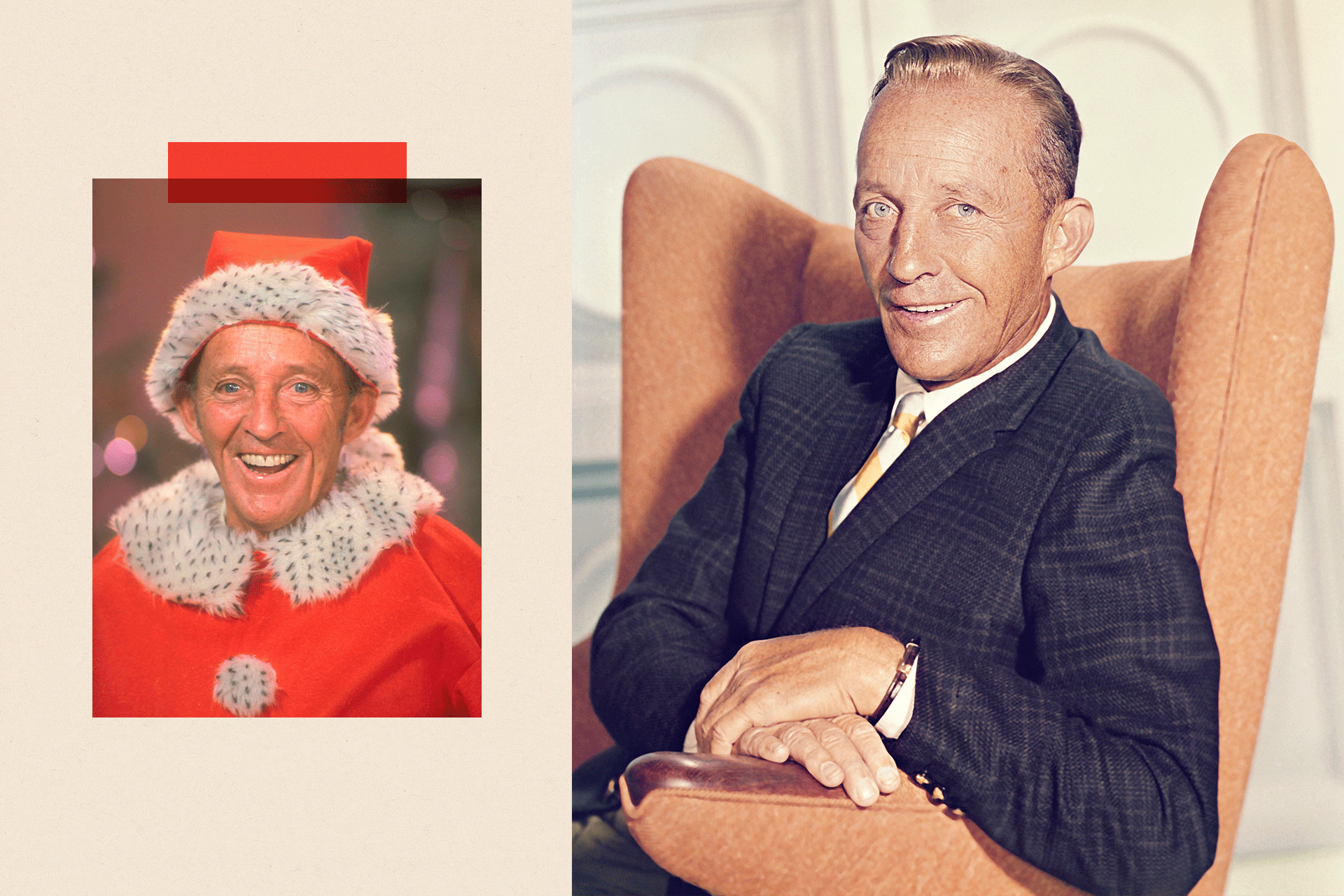 A dual image showing Bing Crosby dressed as Santa Claus on the set of his holiday special Bing Crosby's White Christmas (left) and Bing as he poses in an armchair (right)