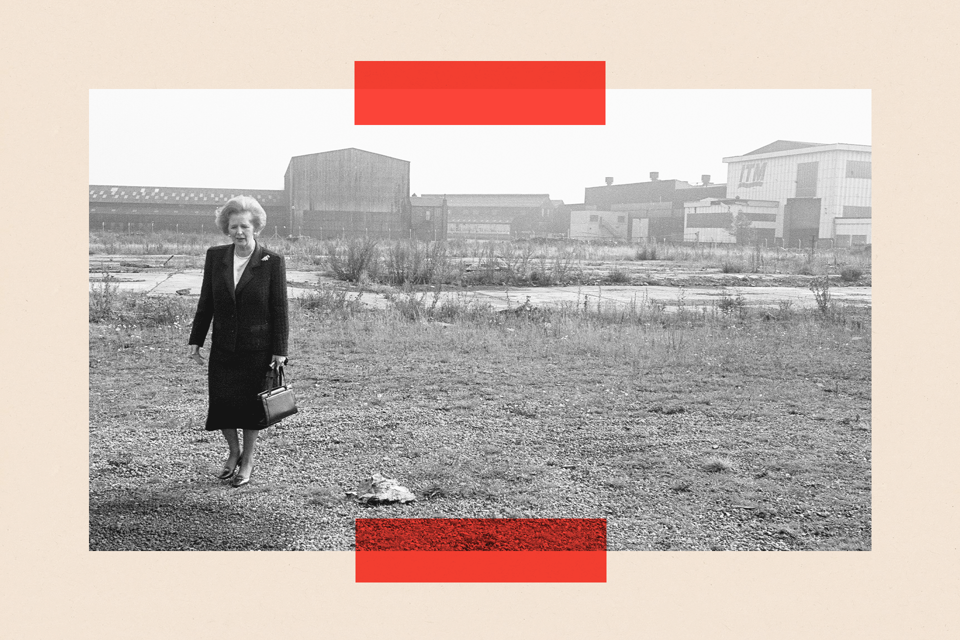 Margaret Thatcher walks through what remains of the Head Wrightson works in Thornaby, Middlesbrough, in September 1987.