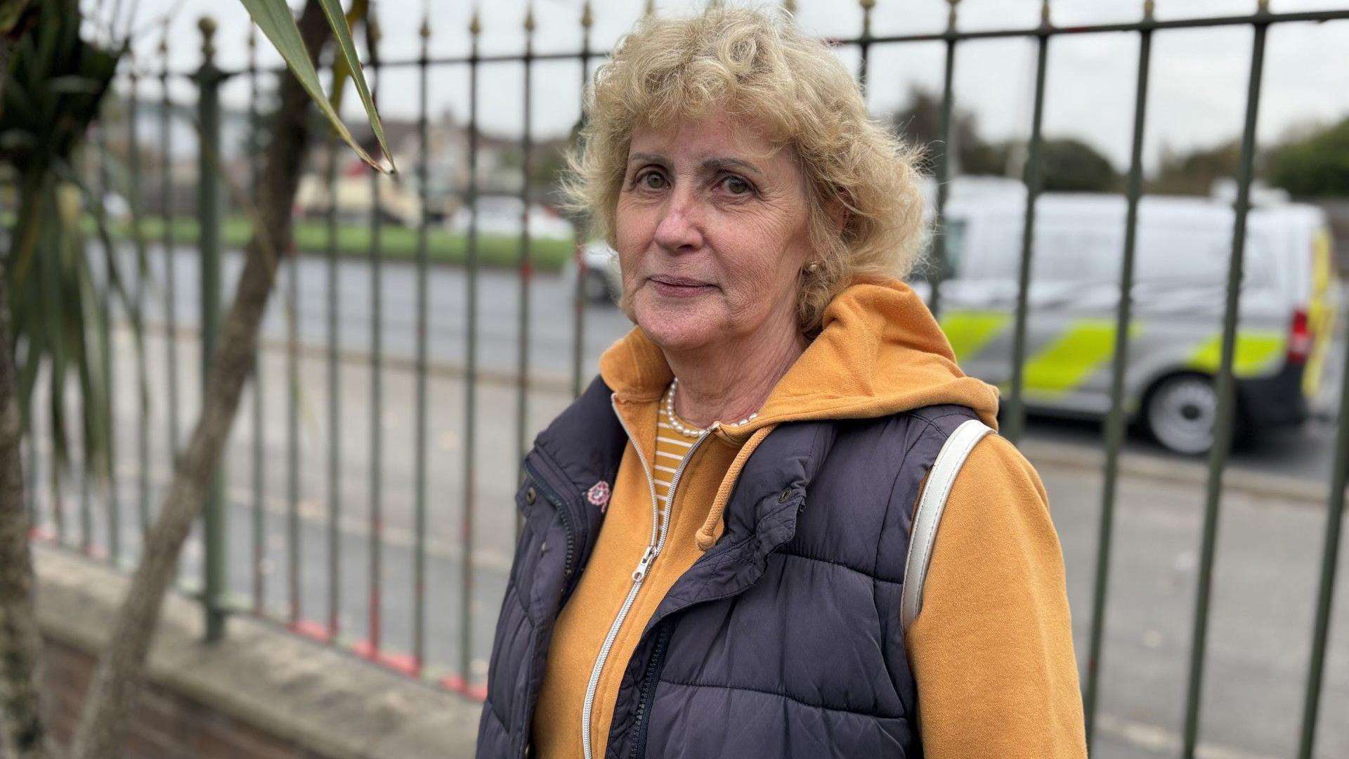 Gillian Bates with blonde hair stands in front of a railing as a van drives past. She wears a yellow jumper under a blue gilet.