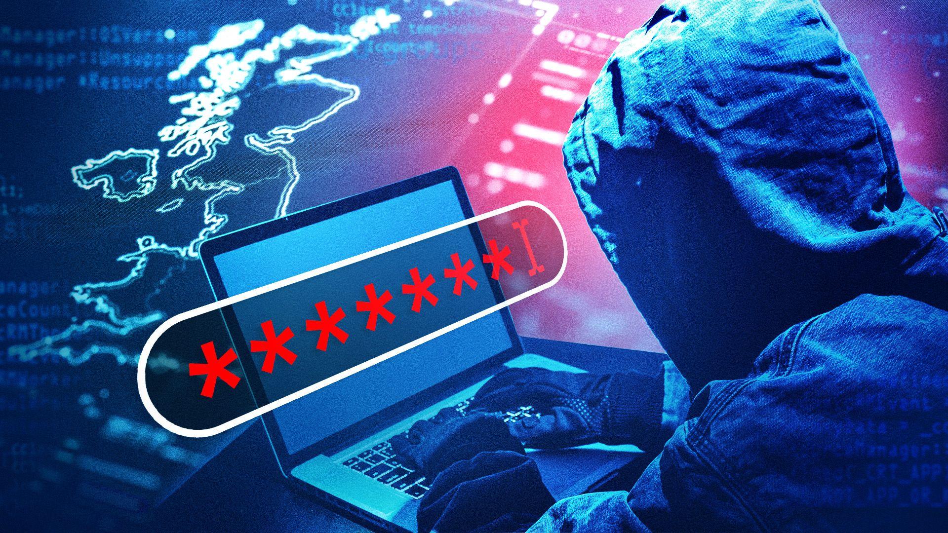 A person wearing a hooded jacket and gloves is sitting at a laptop, typing. The screen of the laptop displays a password field filled with red asterisks. The background shows a digital map of Europe and various lines of code, suggesting themes of hacking or cybersecurity.