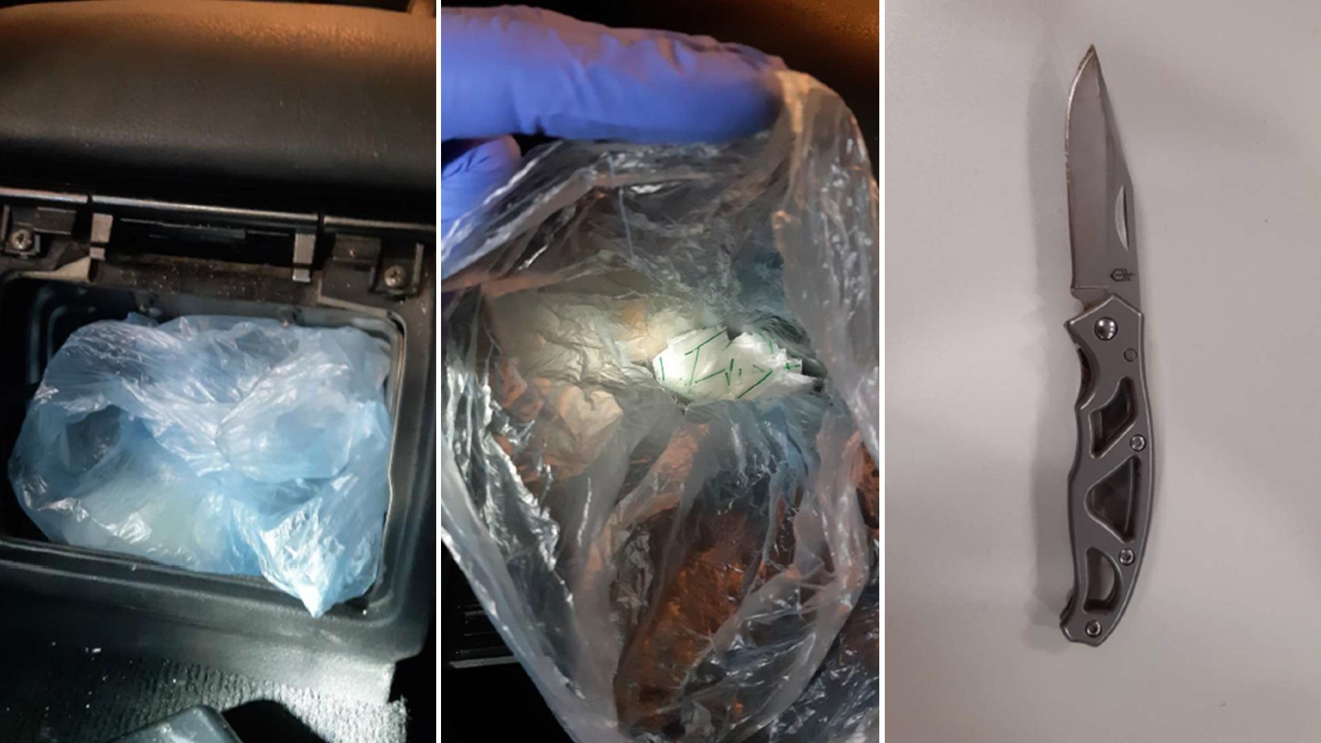 Three photos showing a blue bag in a car, a blue bag with drugs inside, and a knife