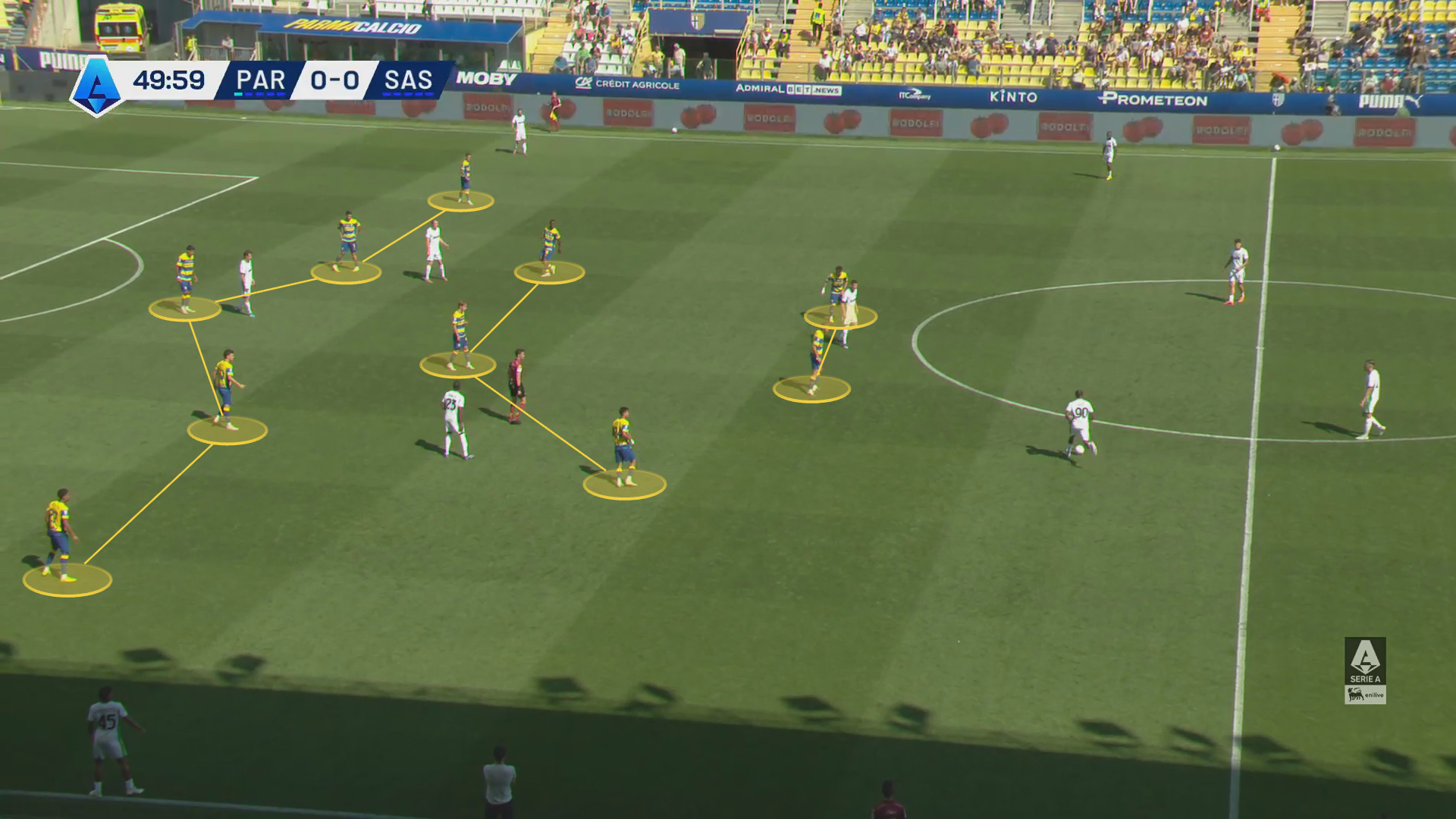 Screengrab from Parma's last game of the season illustrating his side's 5-3-2 defensive shape.