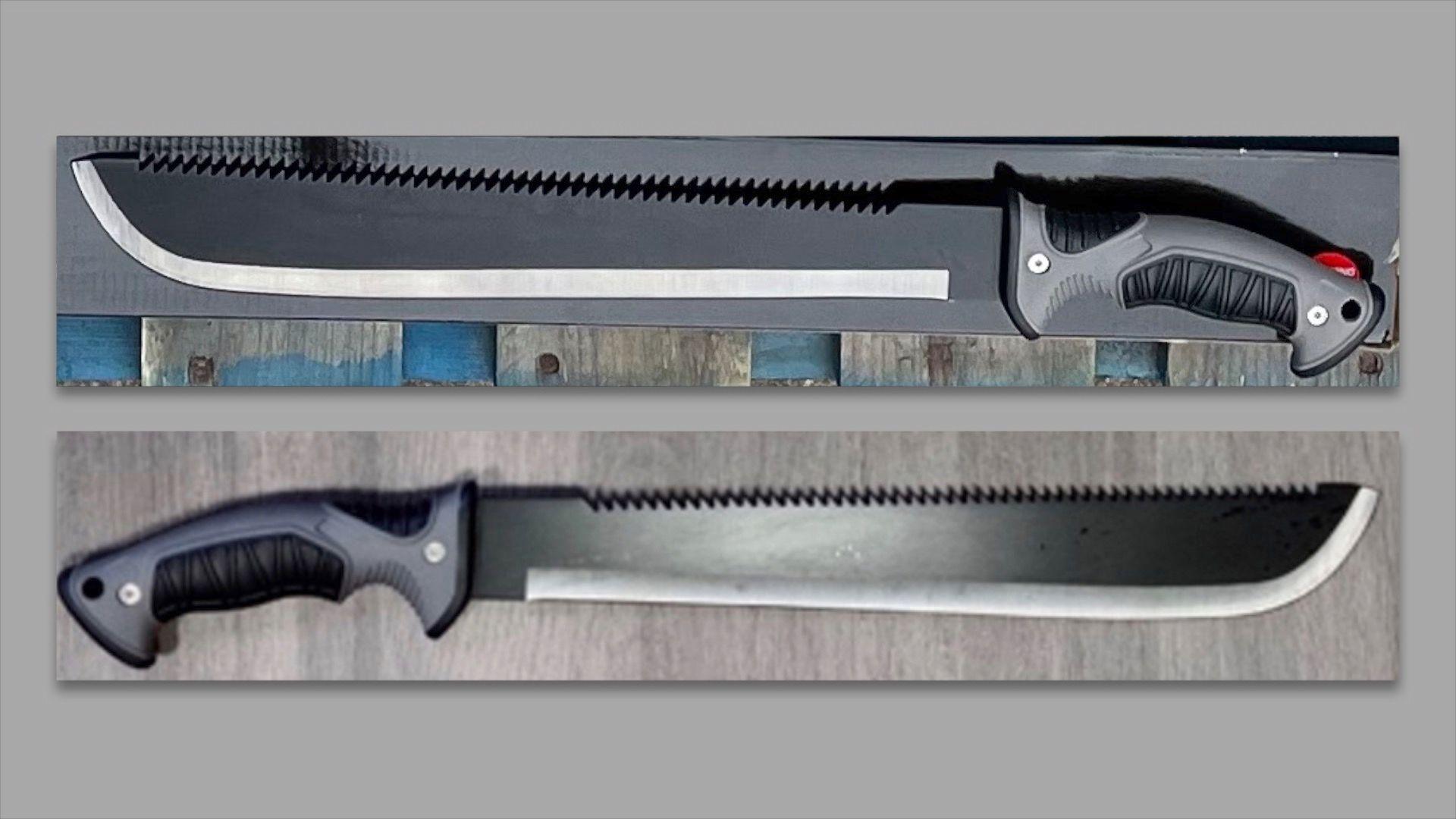 Two large knives, shown one on top of the other, which appear to be identical. Both the knives have sharpened blades that are also serrated on one side. They have grey and black plastic handles with what appear to be two metal fixings. 