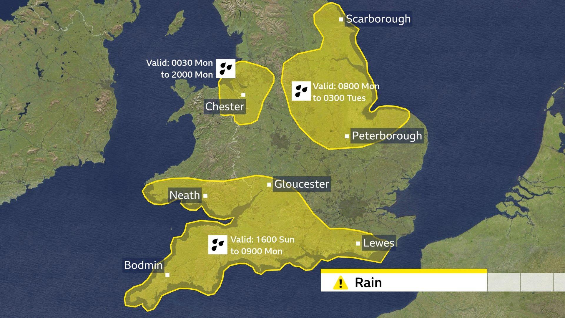 鶹Լ Weather map showing a Met Office yellow warning areas for rain. One covering South Wales and large parts of southern England. Text says "Valid 1600 Sunday to 0900 Monday". Another for north-east Wales, north-west Midlands, Merseyside and Greater Manchester. Text says "valid 0030 Monday to 2000 Monday". A final area covers parts of Yorkshire, Lincolnshire, East Midlands and parts of Norfolk. Text reads "valid 0800 Monday to 0300 Tuesday"