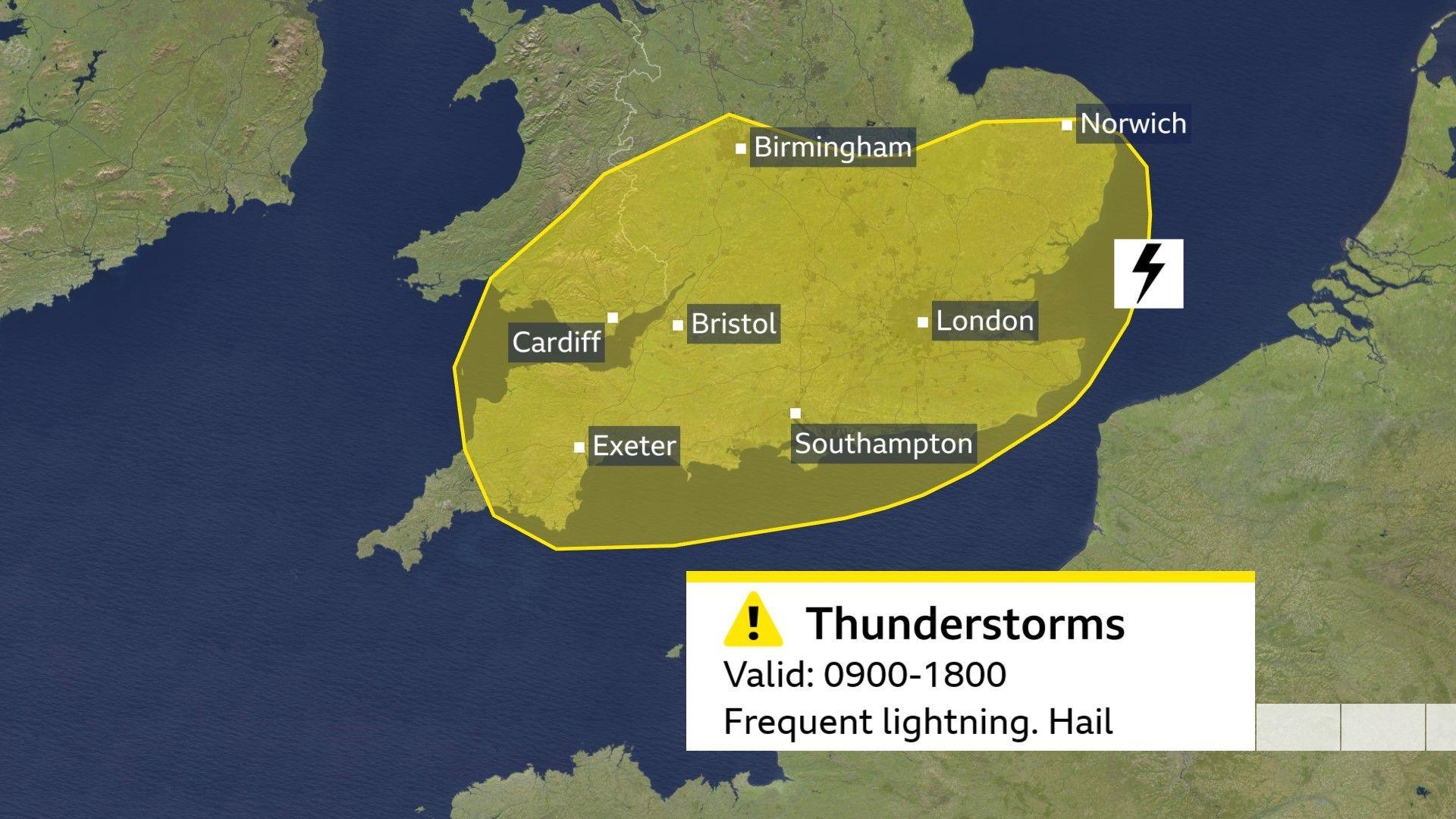 A map of the UK showing a yellow weather warning for thunderstorms across southern England, parts of the Midlands and south Wales.