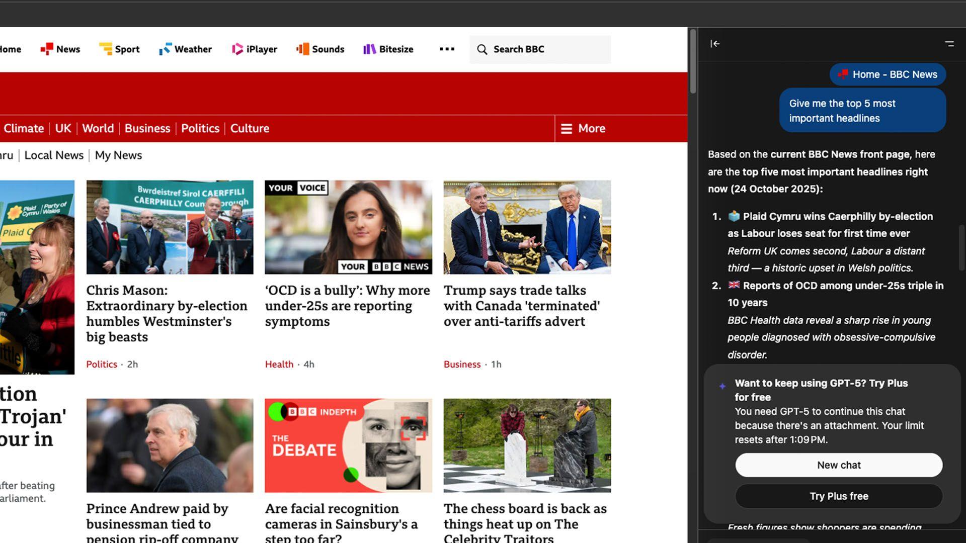 A screenshot of the BBC News homepage, with the ChatGPT chatbot on the right hand side. ChatGPT has summarised the top 5 news stories in bullet points. A pop-up appears offering a free trial of ChatGPT Plus.