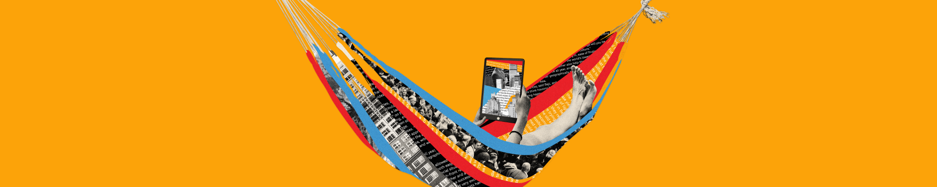 Thin dark yellow banner promoting the Essential List newsletter with a colourful hammock in the centre, with the arms and legs of someone inside visible. They are holding a tablet to read.