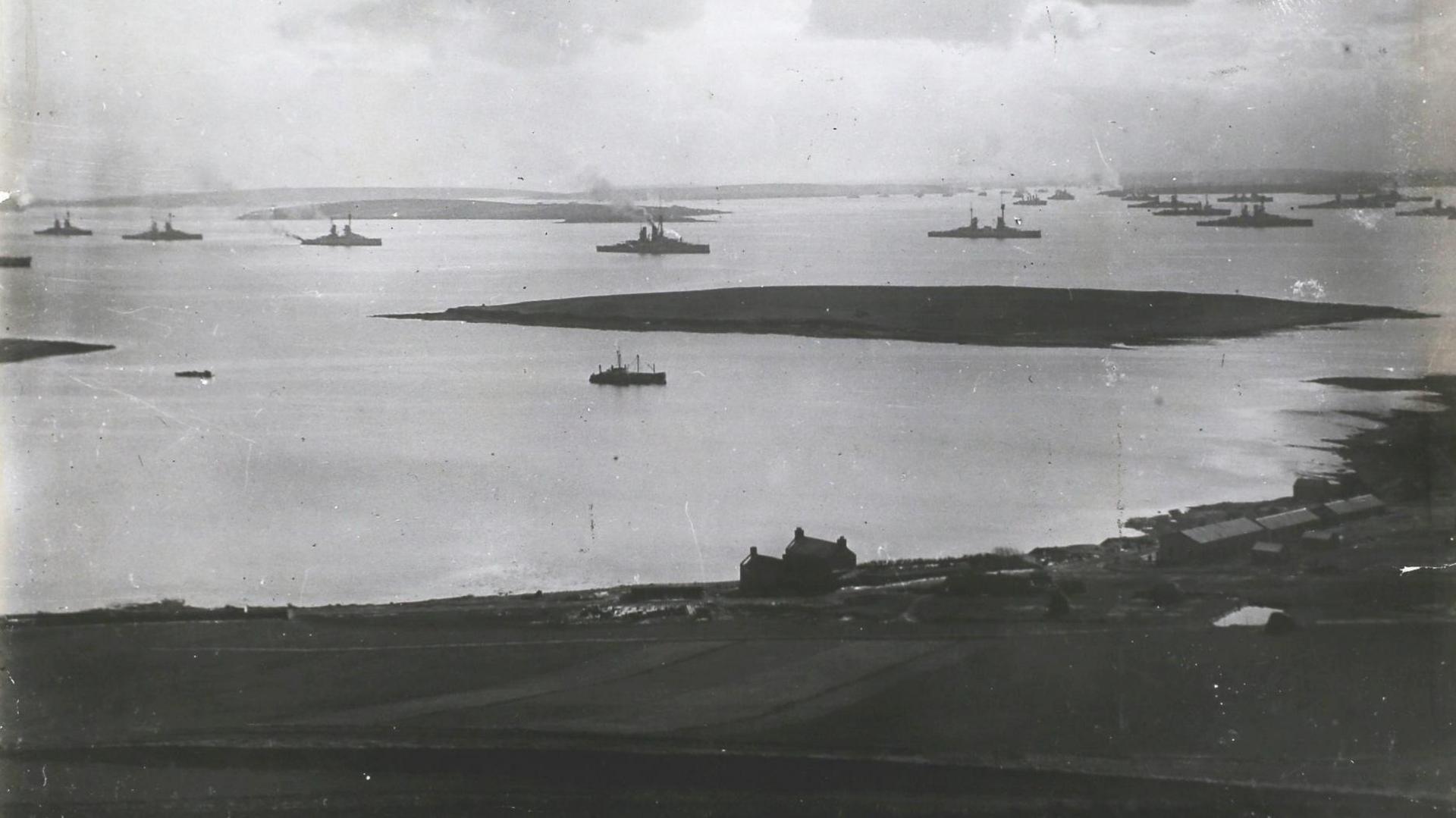 A view over Scapa Flow in 1919 showing dozens of the warships at anchor.