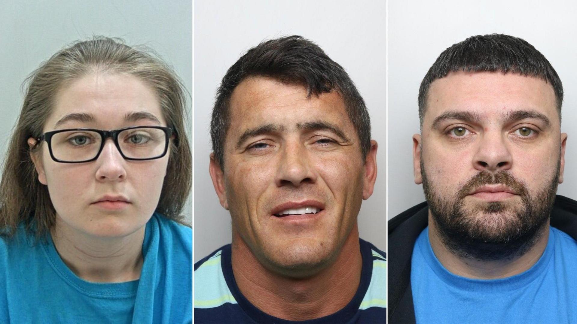 Mugshots of the trio. Carter has long brown hair and wears black glasses and a blue top. Morgan has salt and pepper hair and Kirk has black hair with a short fringe as well as a black beard.