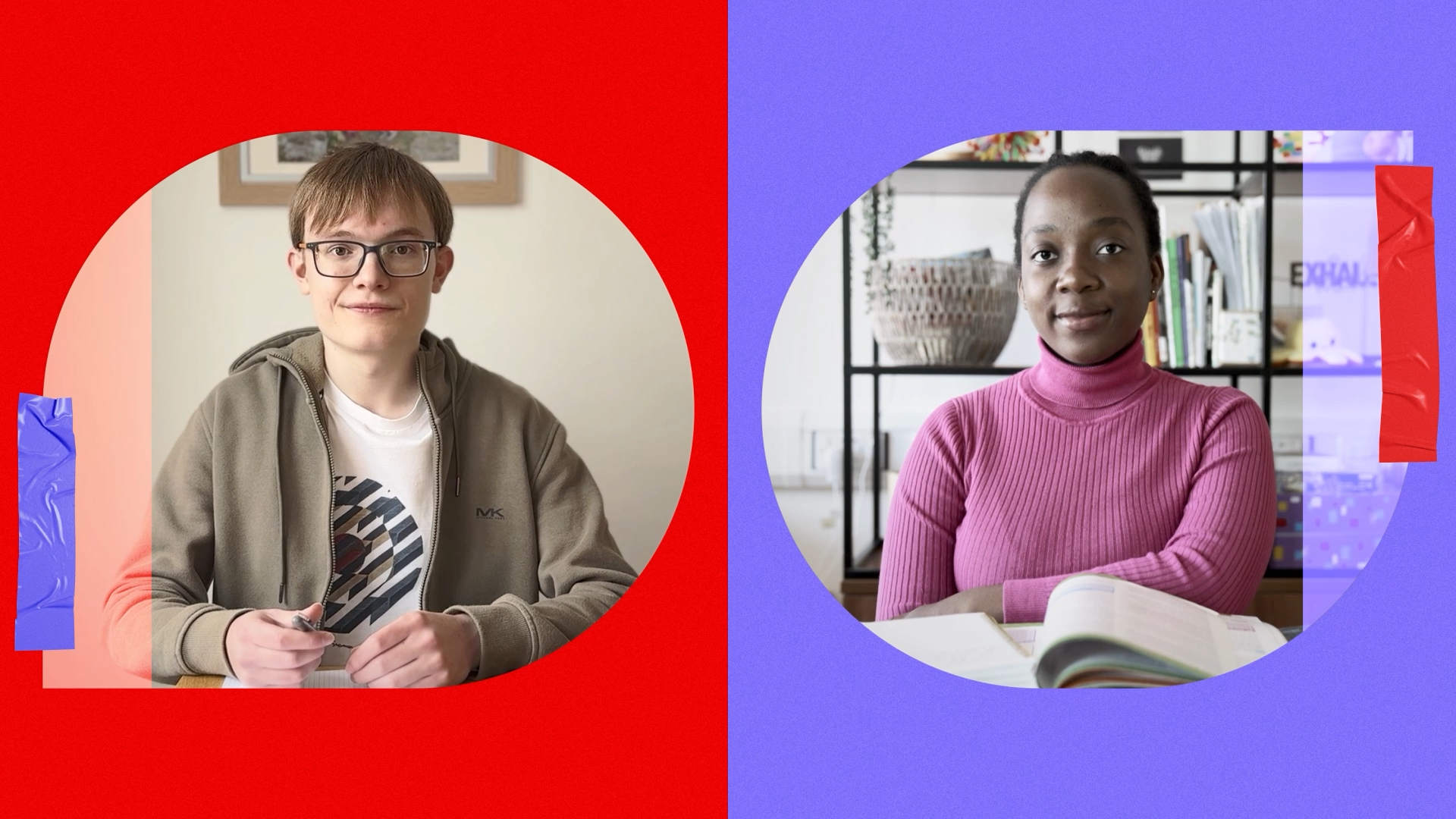 A collage of two students. One is sitting at a desk infront of a book and another is at home studying