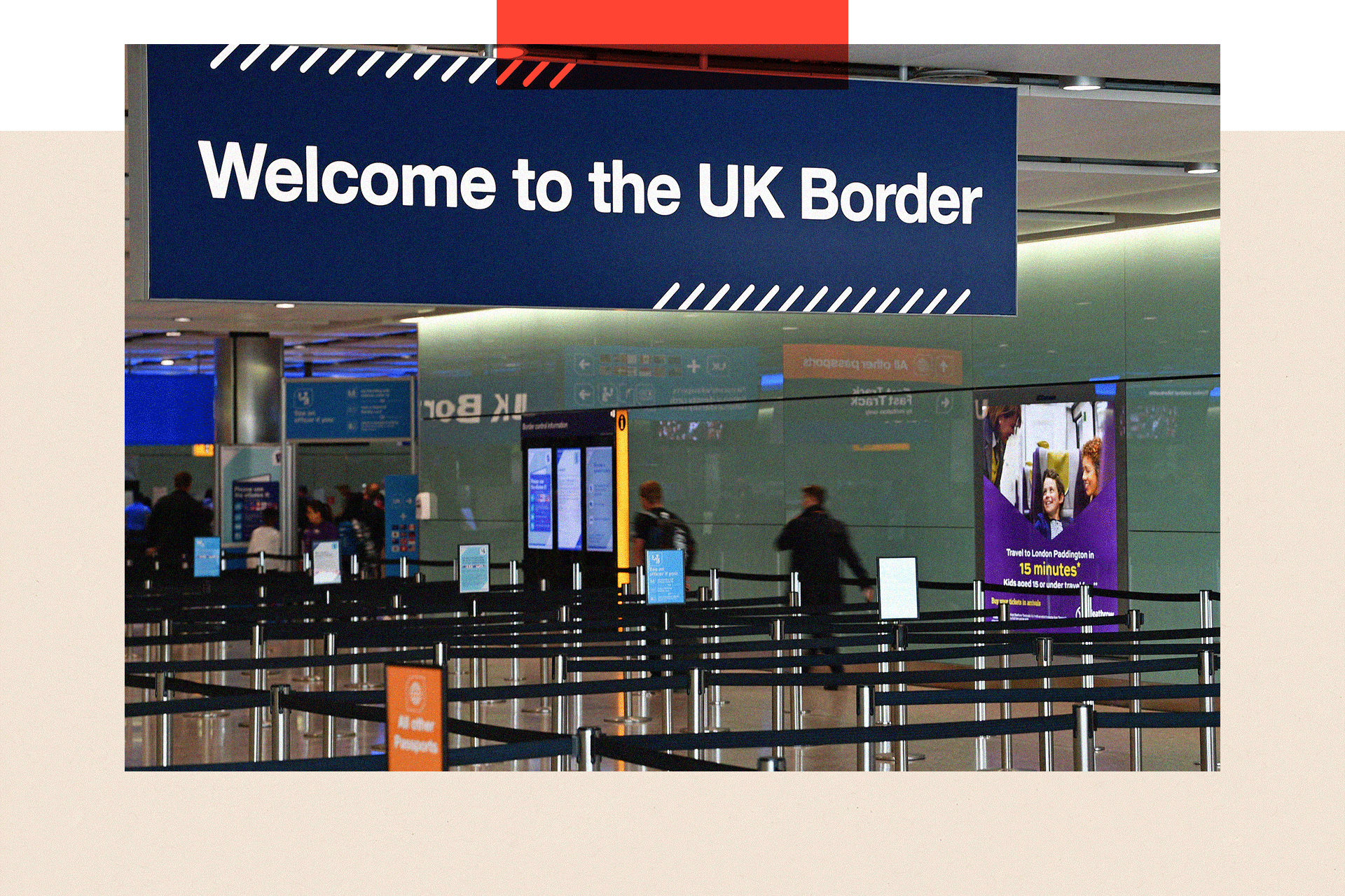 UK Border Force signs are pictured at the passport control in Arrivals at Heathrow Airport