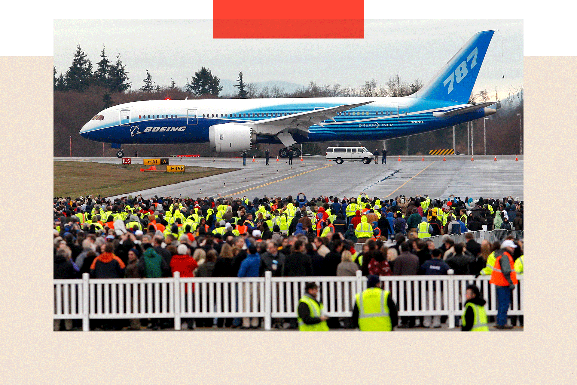 Attendees look on as a Boeing 787 Dreamliner taxies before taking off for its first test flight at Paine Field in Everett, Washington, on 15 December 2009.