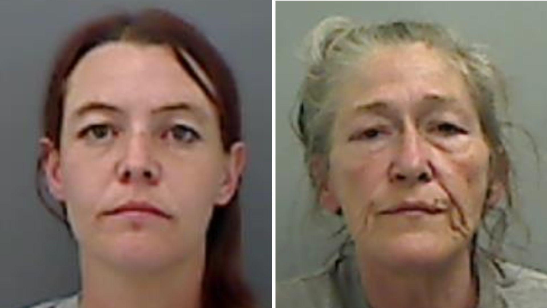 Mugshots of Lithgo and Dowson. Lithgo has long dark red hair. Dowson looks older with grizzled grey hair down to her shoulders.