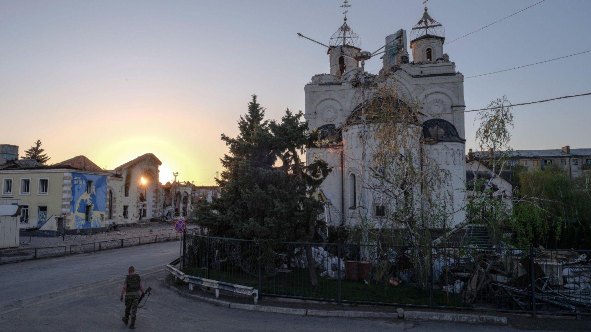 A handout photo made available by the press service of the 93rd Kholodnyi Yar Separate Mechanized Brigade of Ukrainian Armed Forces on 20 April 2025 shows a damaged church in Kostyantynivka, Donetsk region, Ukraine