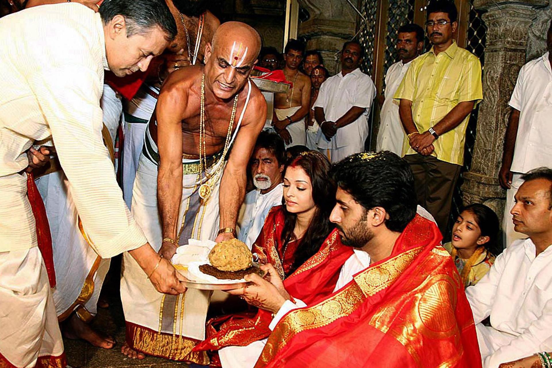 The Tirupati temple is regularly visited by celebrities - this photos shows Bollywood stars Aishwarya Rai and Abhishek Bachchan at the temple three days after their wedding in 2007. Also seen are Amitabh Bachchan and industrialist Anil Ambani