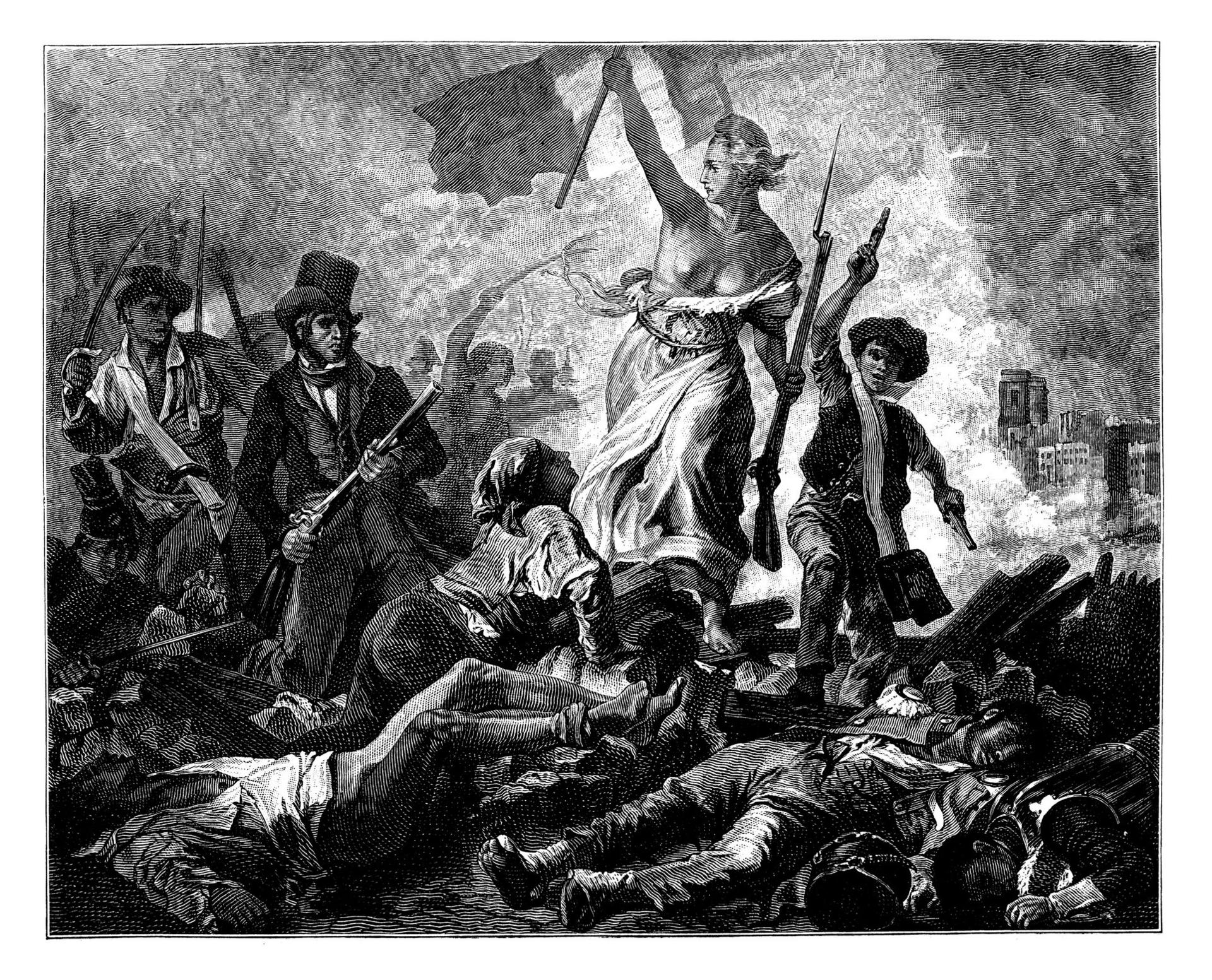 A black and white illustration of Liberty Leading the People by Eugen Delacroix