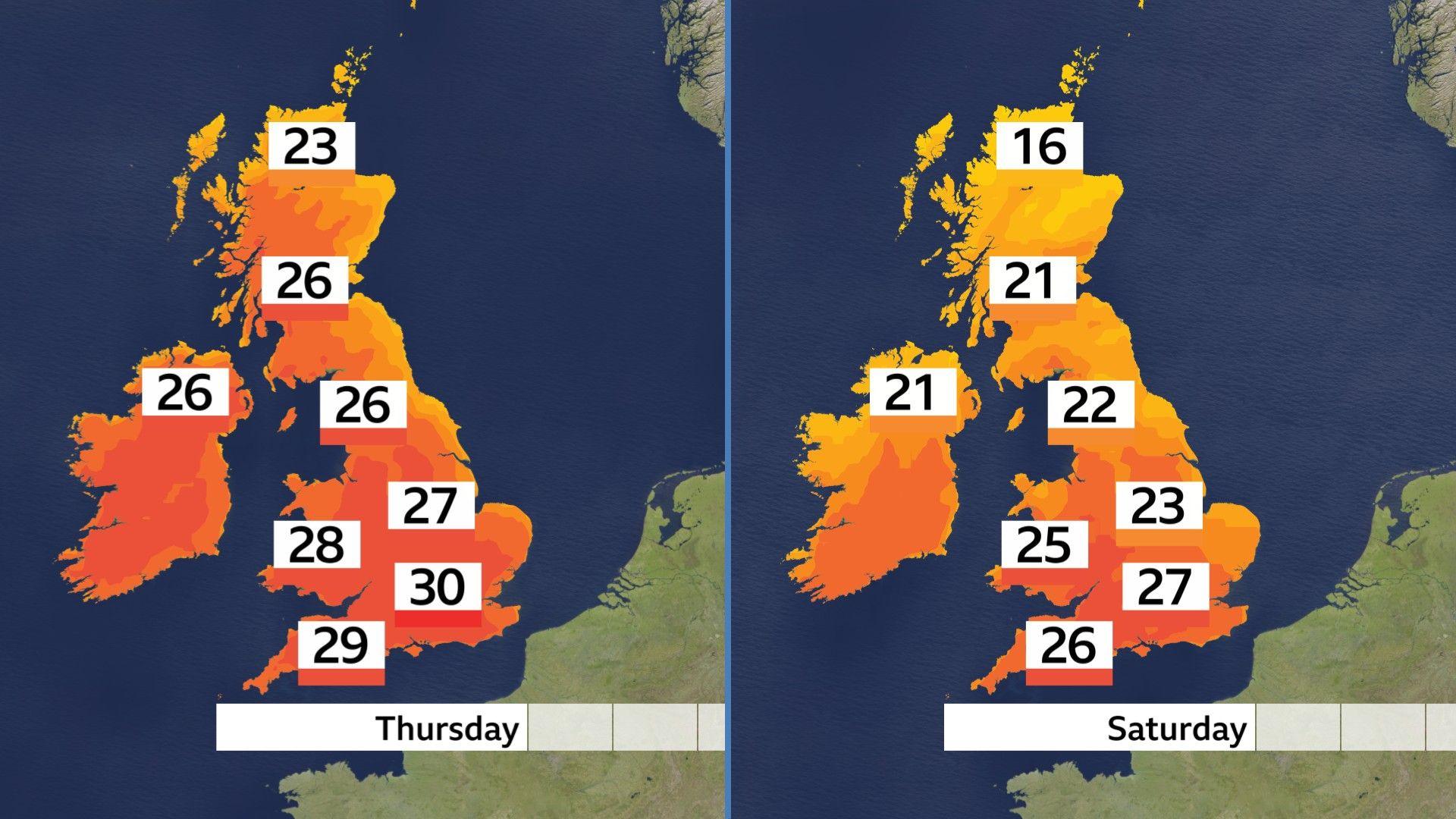Two temperature contour maps for the UK. The one on the left showing temperatures of 23-30 Celsius on Thursday. The one on the right showing 16-27 Celsius on Saturday.