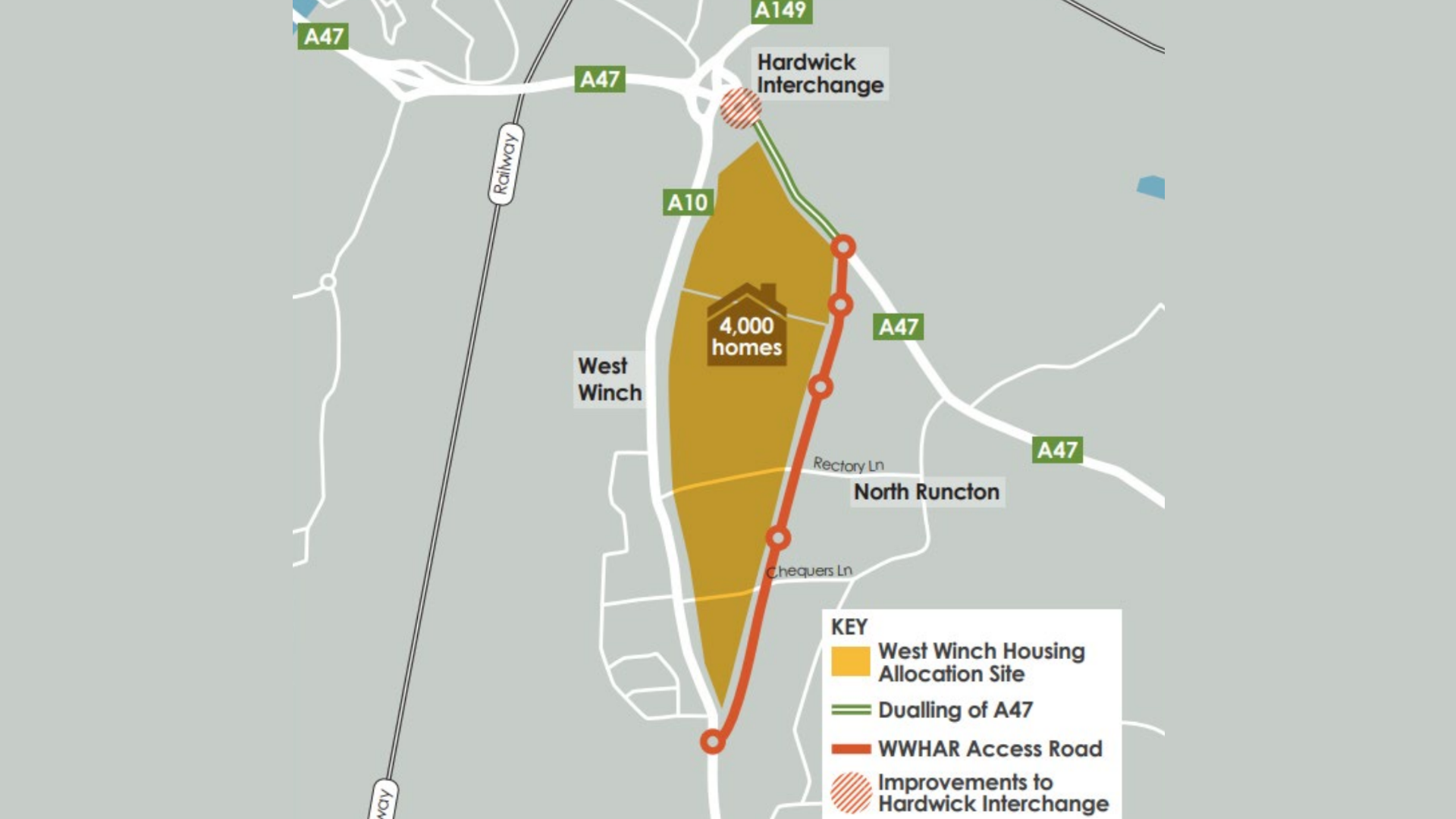 Map showing the route of the planned access route linking the A10 and A47