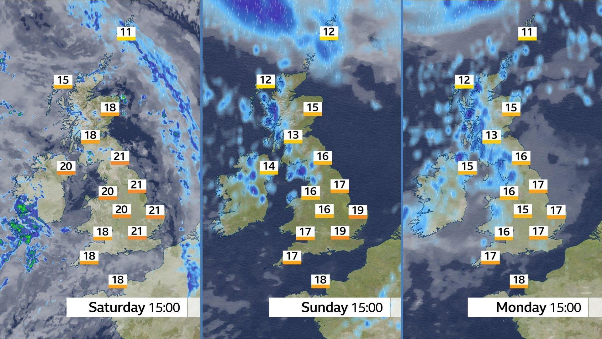 Three weather maps of the UK. They show mostly cloudy conditions on Saturday with some rain and temperatures of 11 to 21 Celsius. Sunday shows mainly dry and sunny weather in the south with showers in the north and temperatures of 12 to 19 Celsius. Monday shows many showers in the north and the west with cloud elsewhere and temperatures of 12 to 18 Celsius.