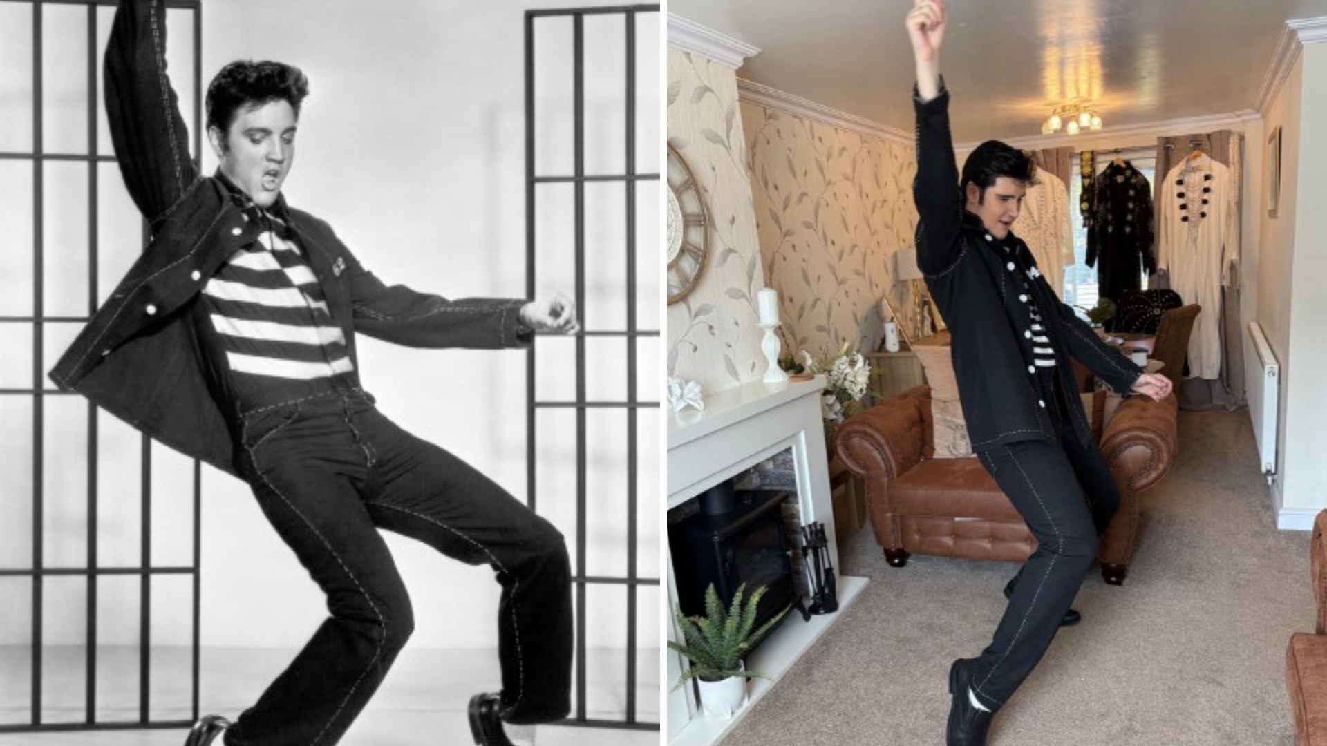 Elvis on left, Lewis on right, striking the same pose