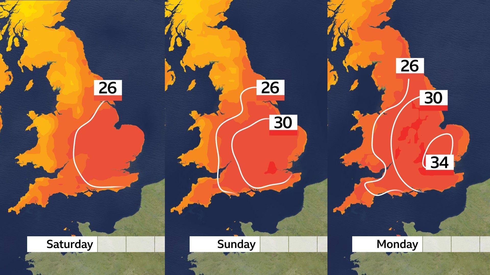 Three maps showing the UK temperatures on Saturday, Sunday and Monday. On Saturday the south-east is a dark orange and a lighter orange towards the north of England and Scotland. On Monday, the south-east is a red colour with a temperature of 34C marked around London. 26C is marked in the north-east of England.