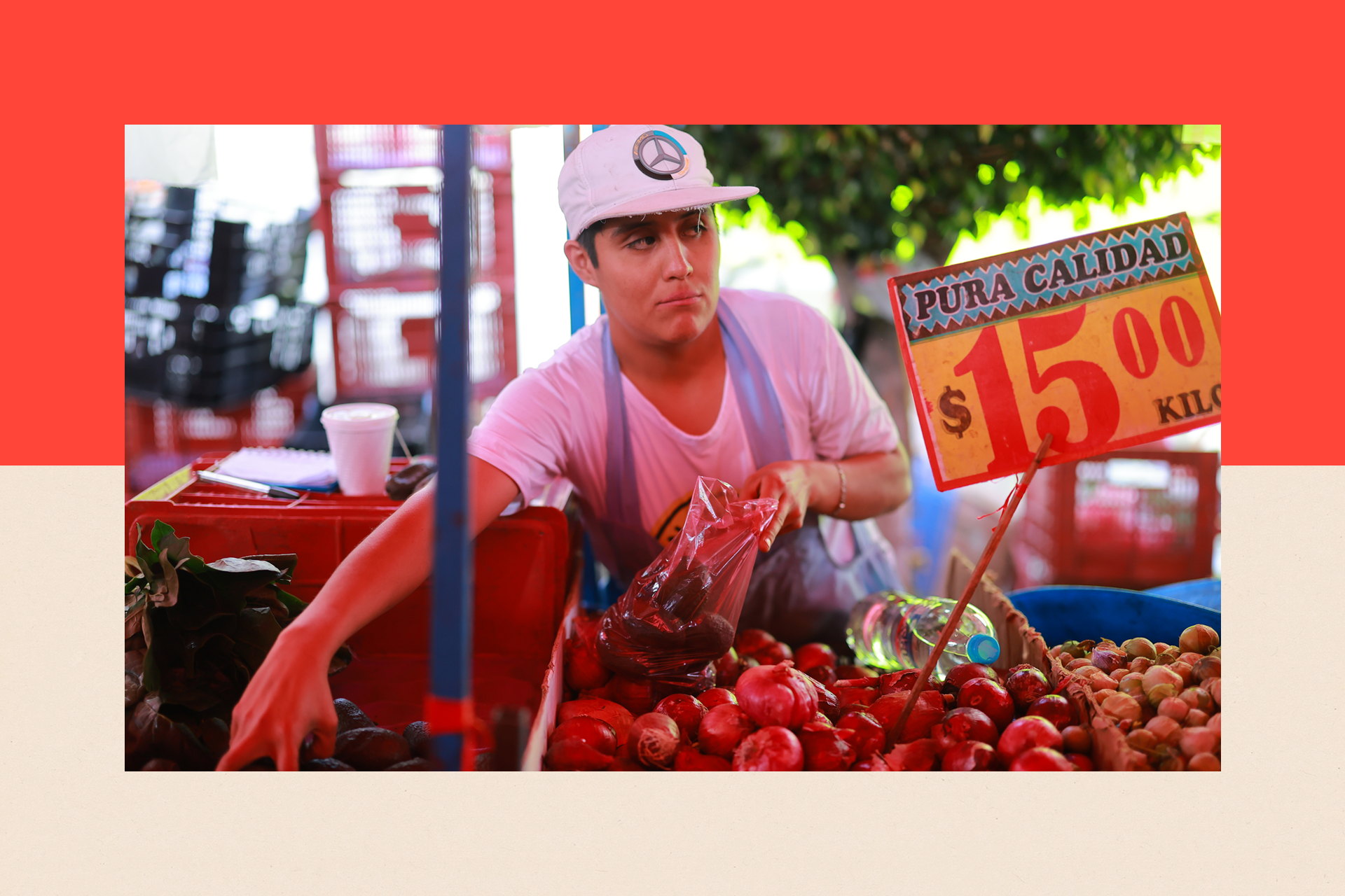 A vendor picks avocados to sell at a market in Mexico City