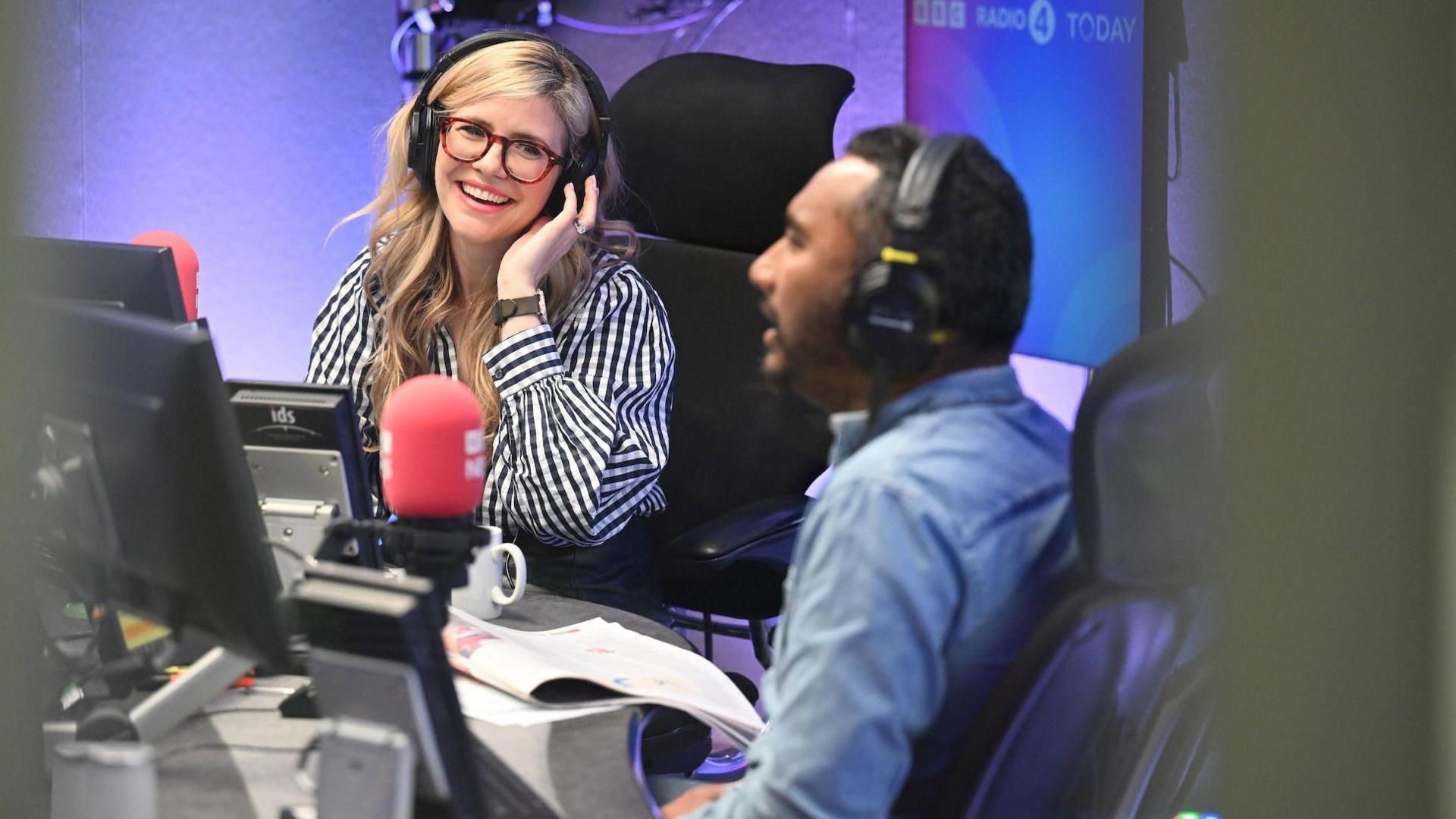 Emma Barnett pictured presenting alongside Amol Rajan in the BBC Today studio in 2024