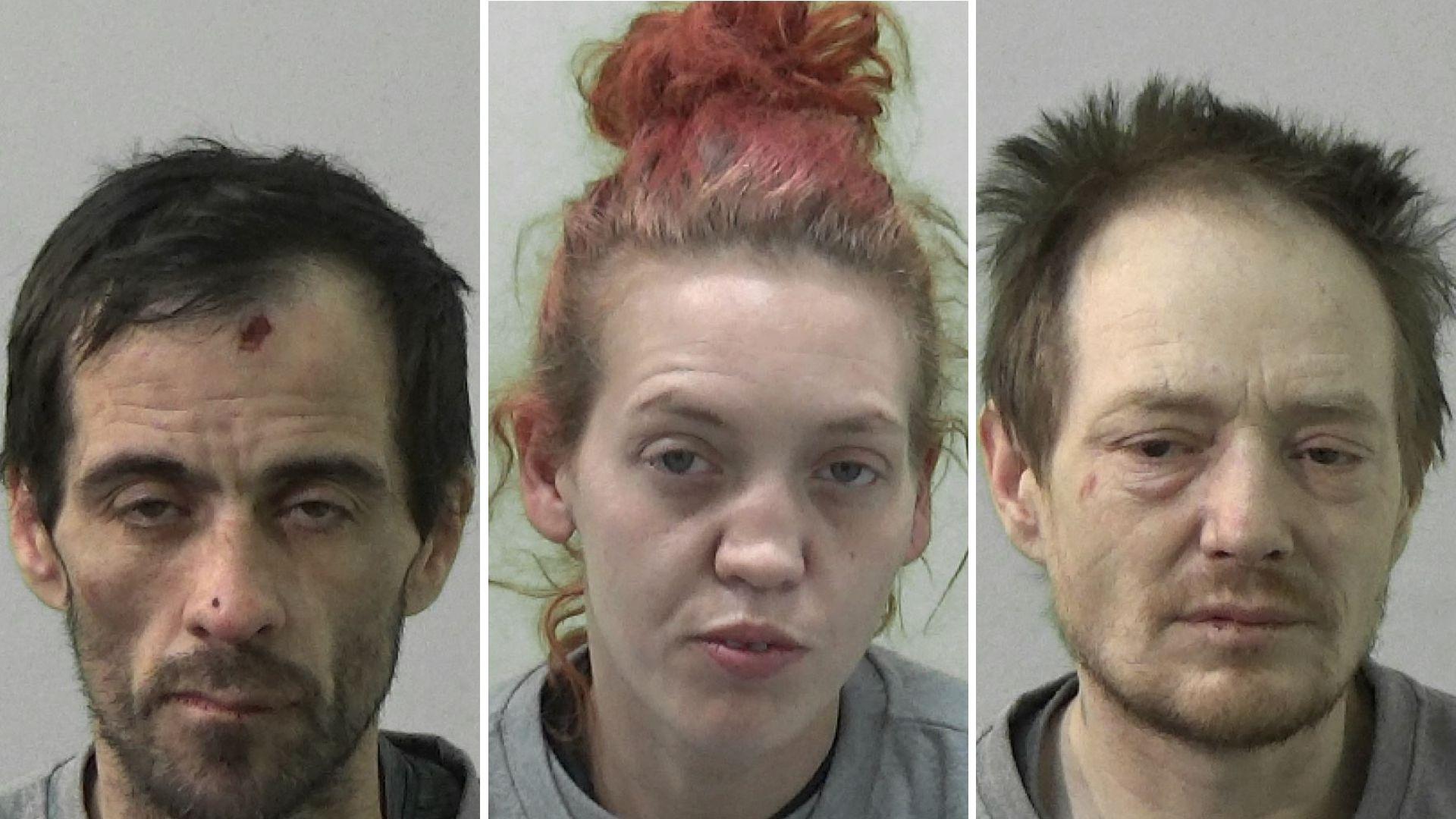 Mugshots of two men and a woman, all look heavily under the influence of drugs