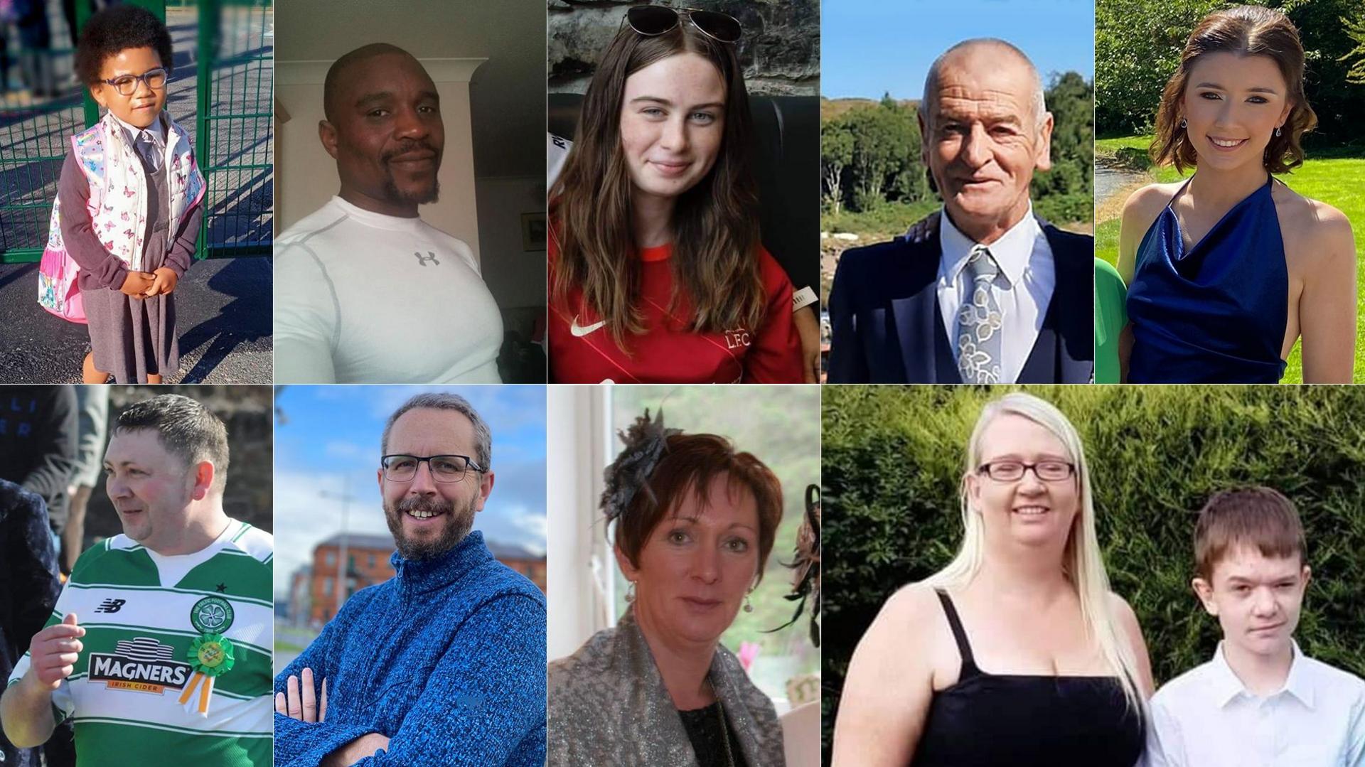 Top row left to right: Shauna Flanagan Garwe and her father Robert Garwe, Leona Harper, Hugh Kelly, Jessica Gallagher. Bottom row left to right: Martin McGill, James O'Flaherty, Martina Martin, Catherine O'Donnell and son James Monaghan