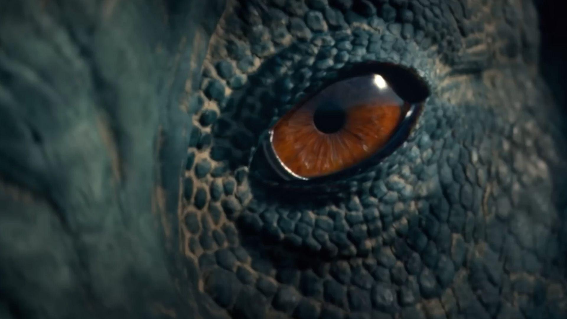 The eye of a computer generated dinosaur in close up