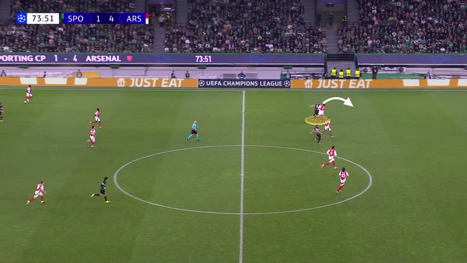 Gyokeres leans into contact, spins while keeping his body between defender and ball, then drives into the space he has created