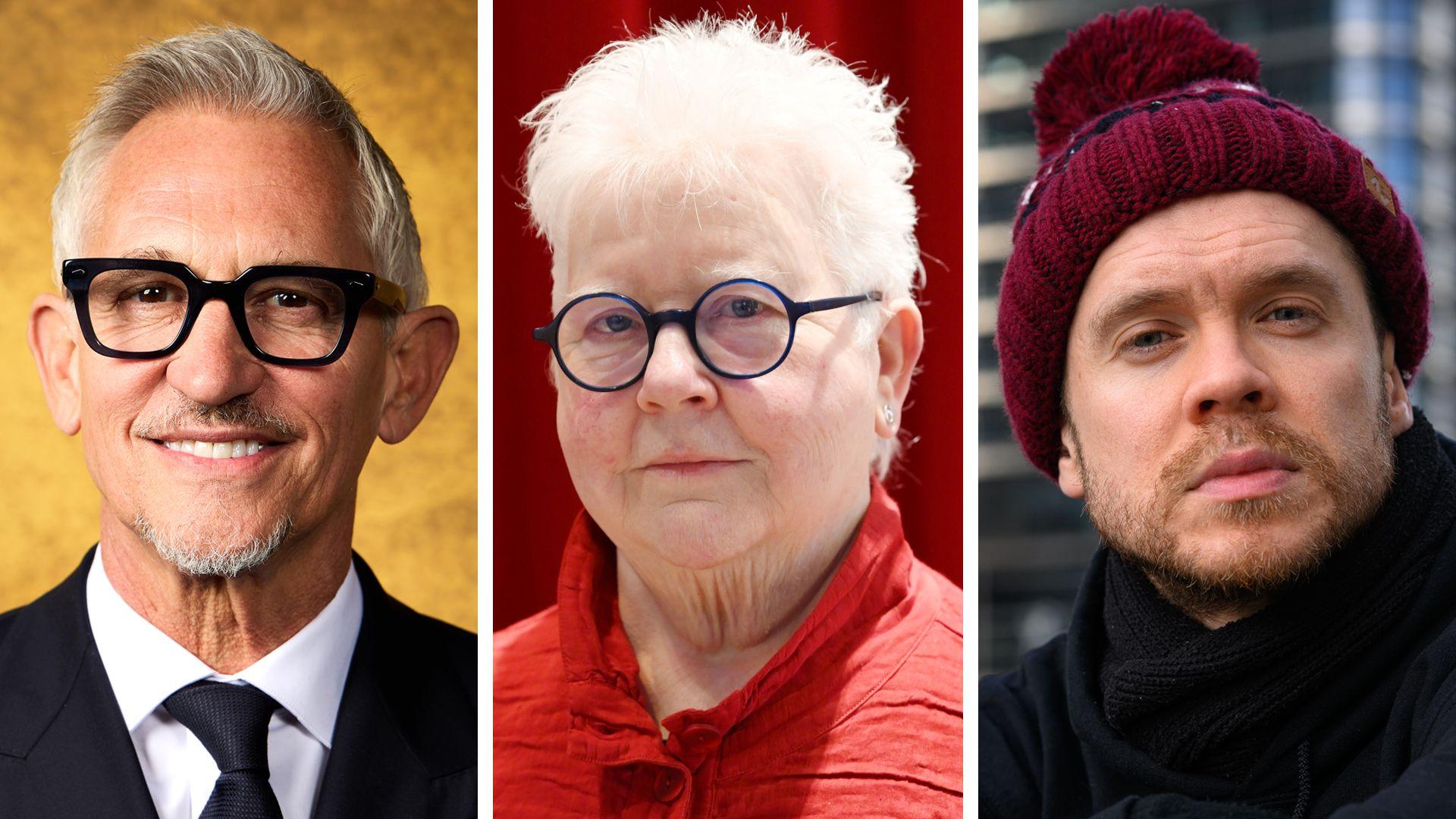 A composite image of Gary Lineker, Val McDermid and Gary Stevenson