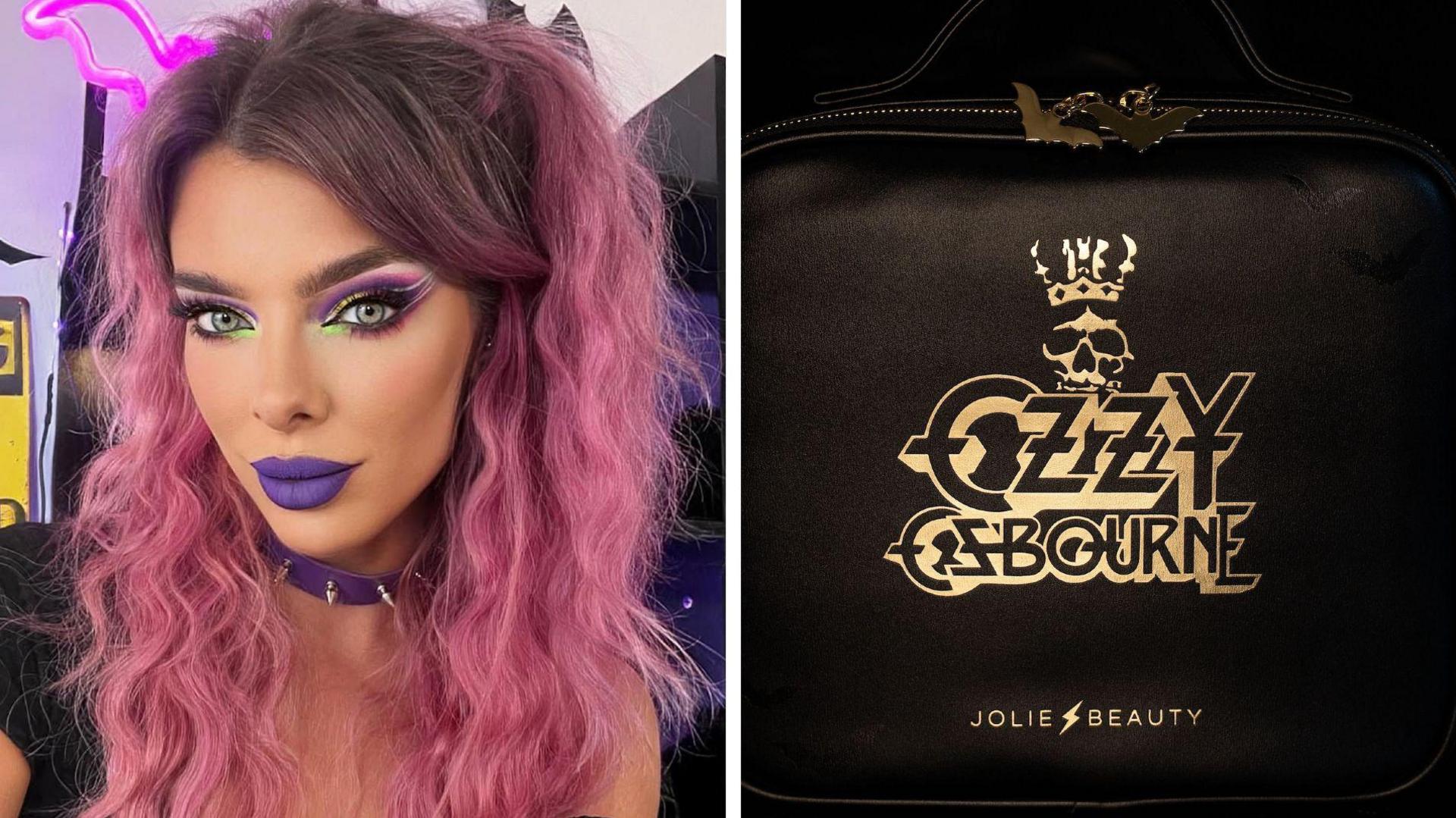 A woman with pink hair wears striking make-up including purple lipstick is pictured next to a black leather make-up bag bearing the name Ozzyy Osbourne in gold lettering