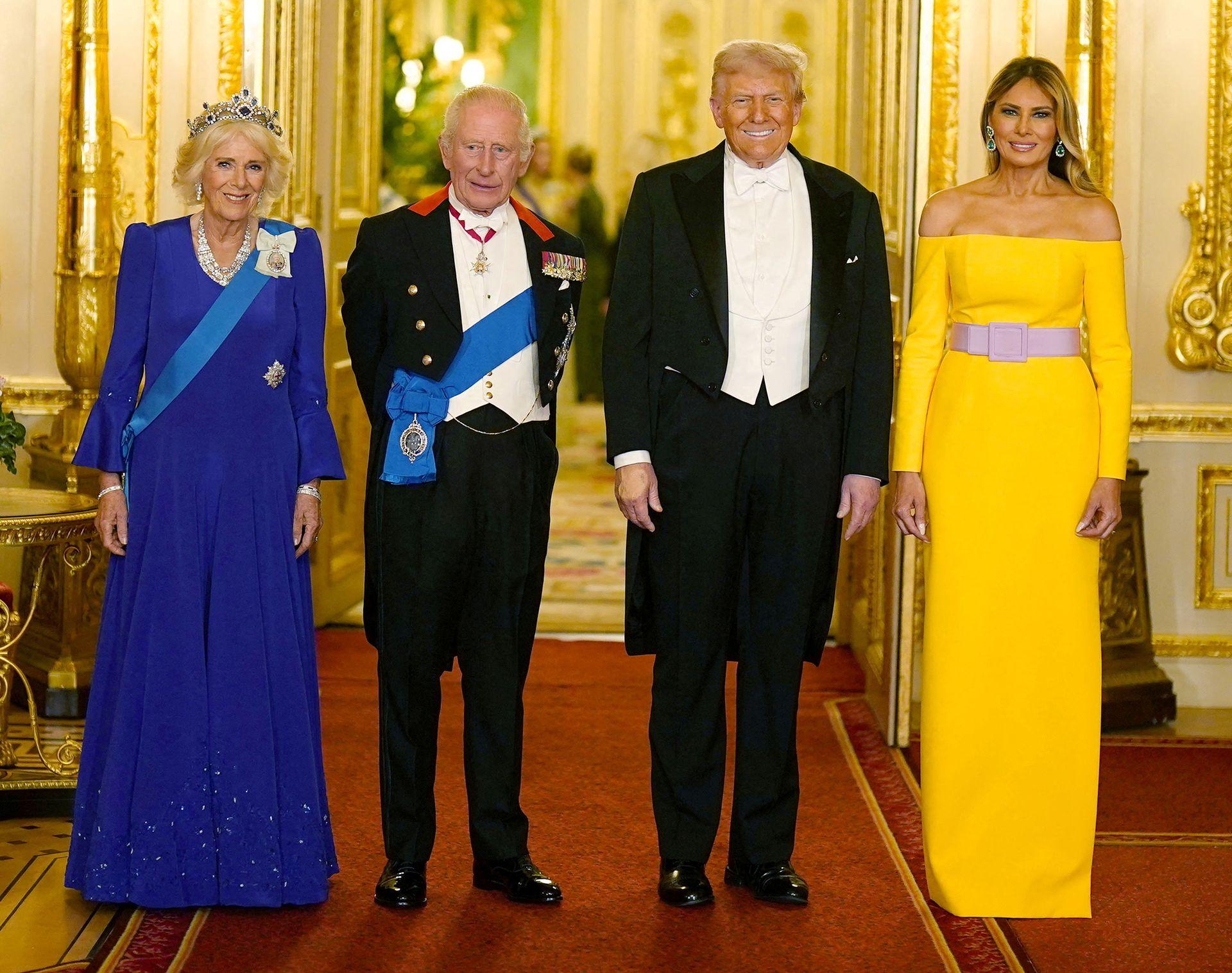 Britain's Queen Camilla, King Charles, U.S. President Donald Trump and first lady Melania Trump pose for a family photo at the State Banquet during U.S. President Donald Trump's state visit, at Windsor Castle, in Windsor, Britain, September 17, 2025