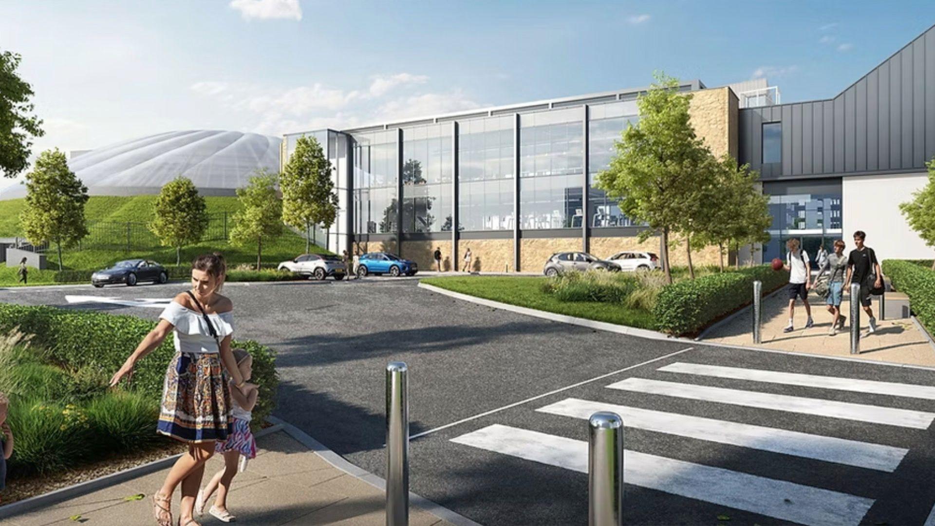 Artist impression of new frontage, as woman crosses car park to new leisure centre housing a gym, with newly clad dome in distance.