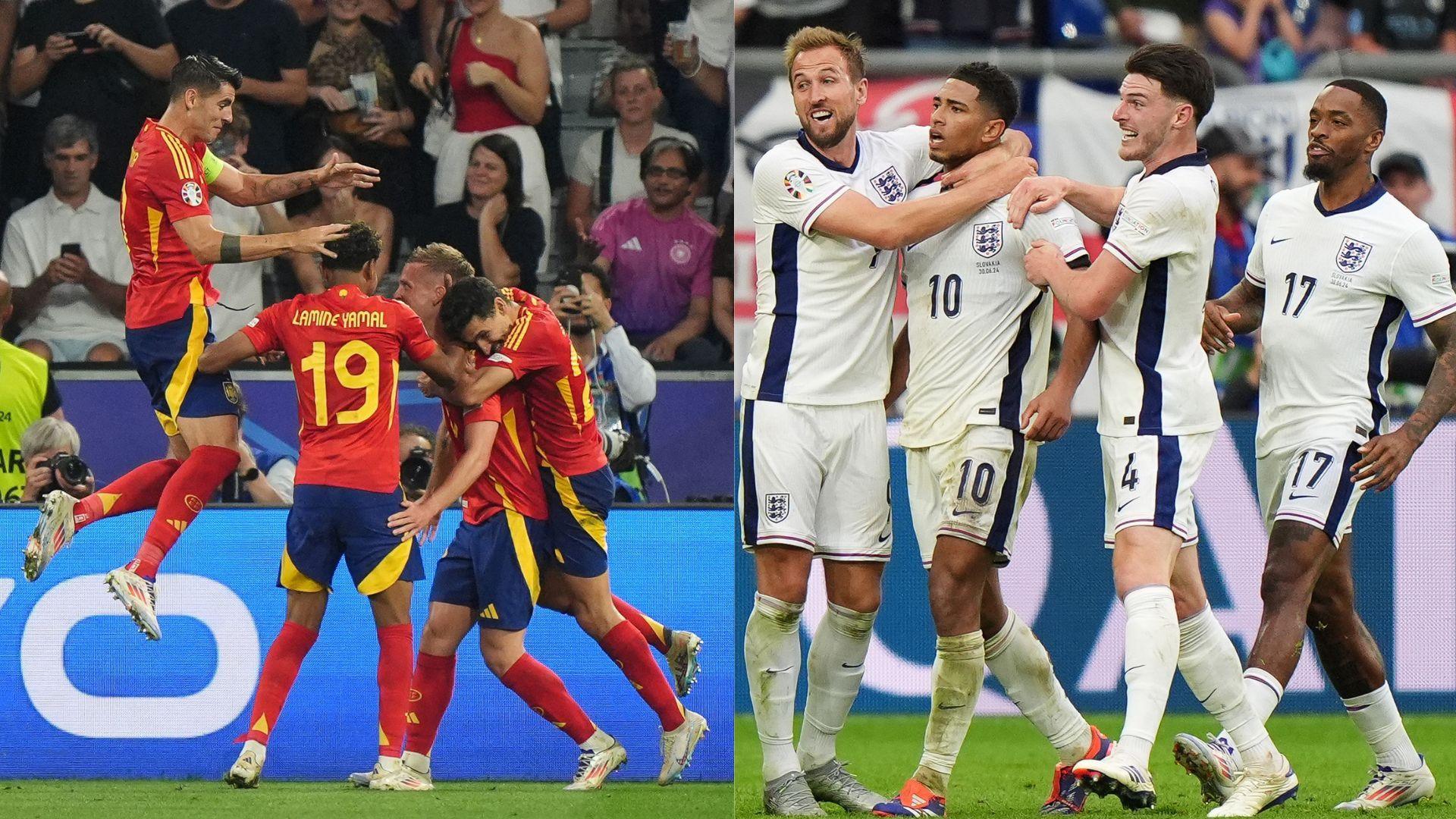 Two pictures side by side, one showing some Spanish players in red celebrating and the other English players in white hugging.