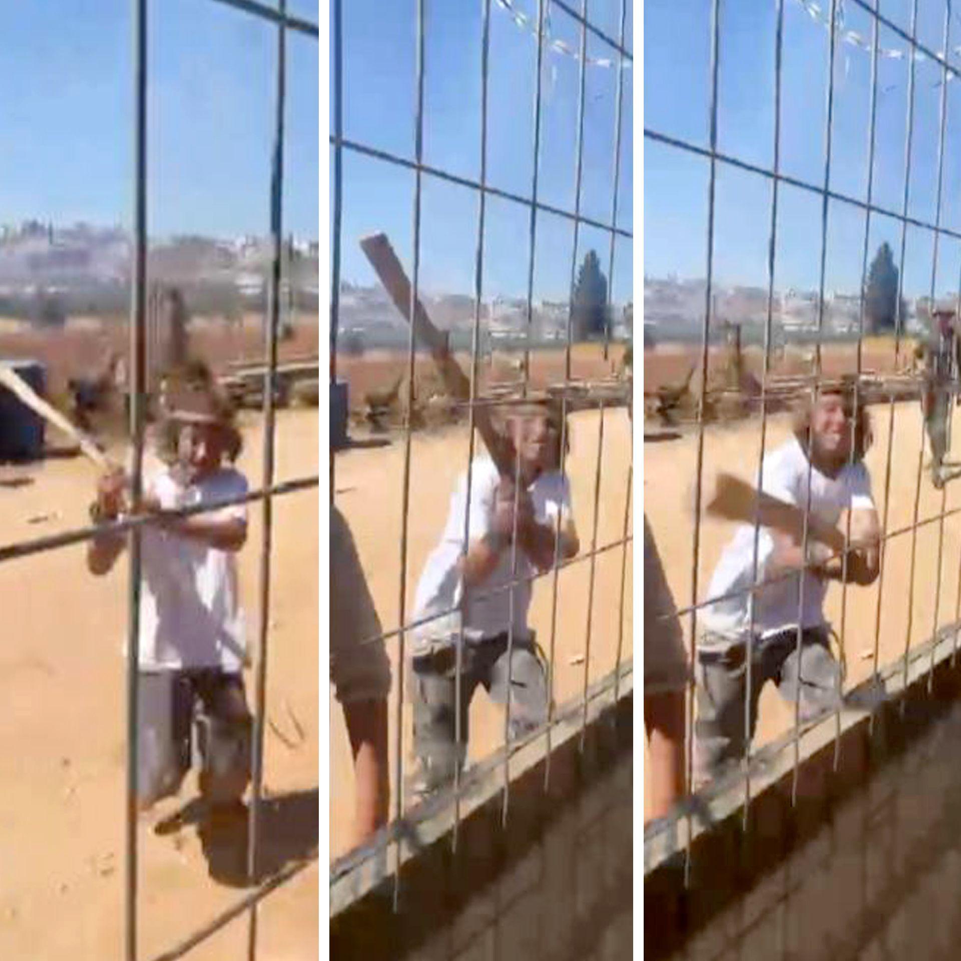 Screengrabs from a video showing a teenage Israeli settler utilizing a instrumentality   to deed  a metallic  gross  and obstruction   during an onslaught  connected  a Palestinian location  successful  the colony   of al-Mughayyir, adjacent   Ramallah, successful  the Israeli-occupied West Bank (11 July 2026)
