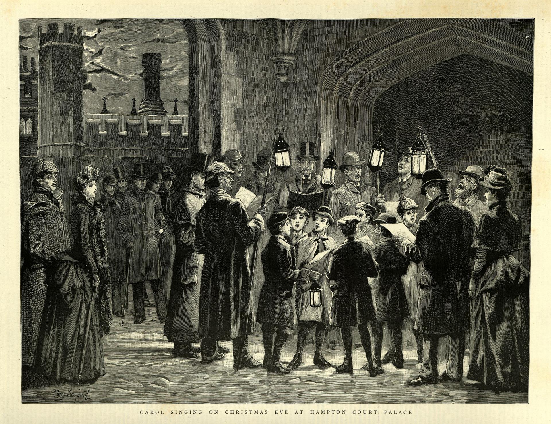 Vintage illustration, Carol singing on CHristmas Eve at Hampton Court Palace, Victorian 1880s 19th Century