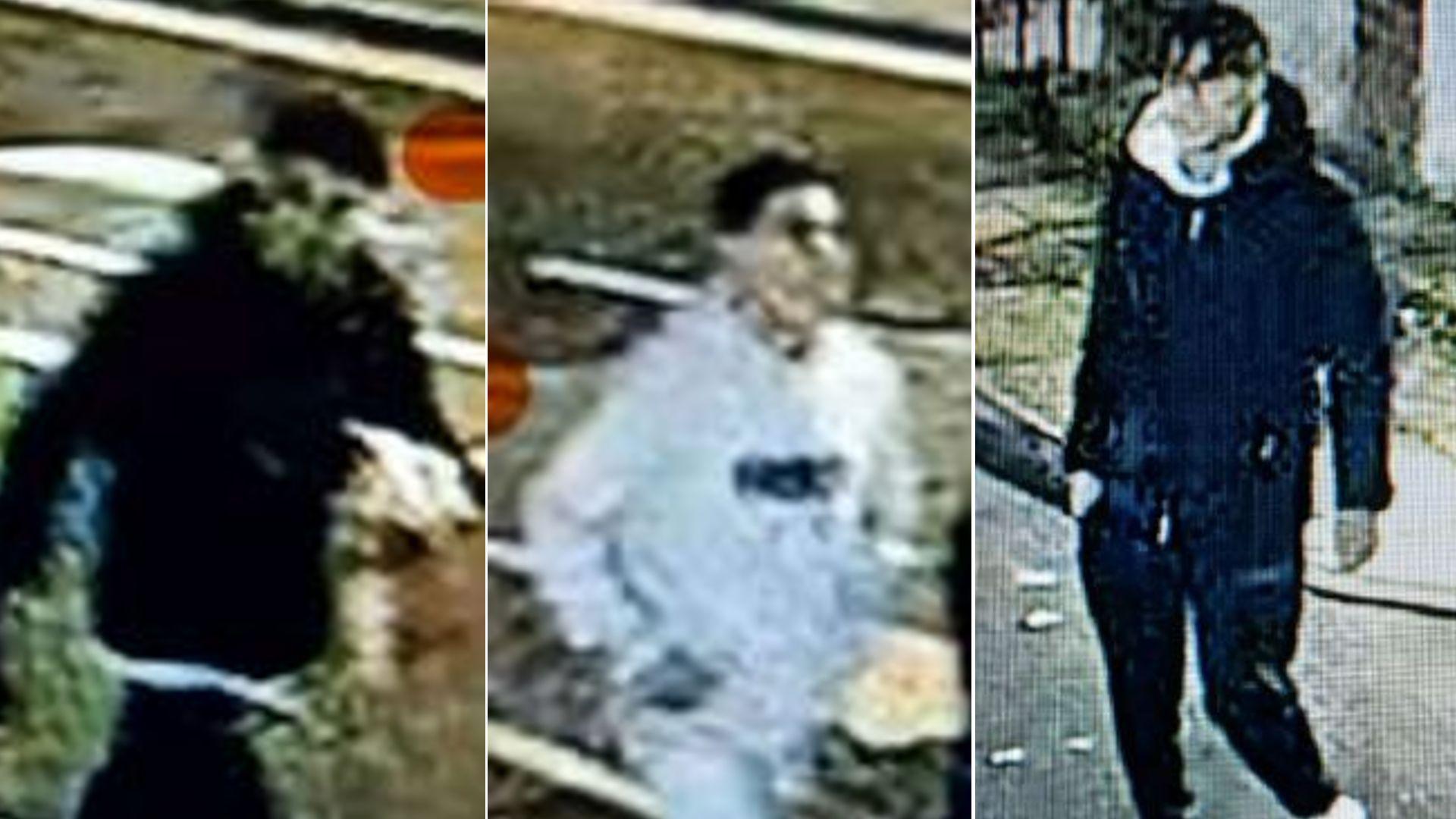 Three grainy CCTV images show a man wearing a black coat, another wearing a grey hoody and a third dressed in black with a white collar.