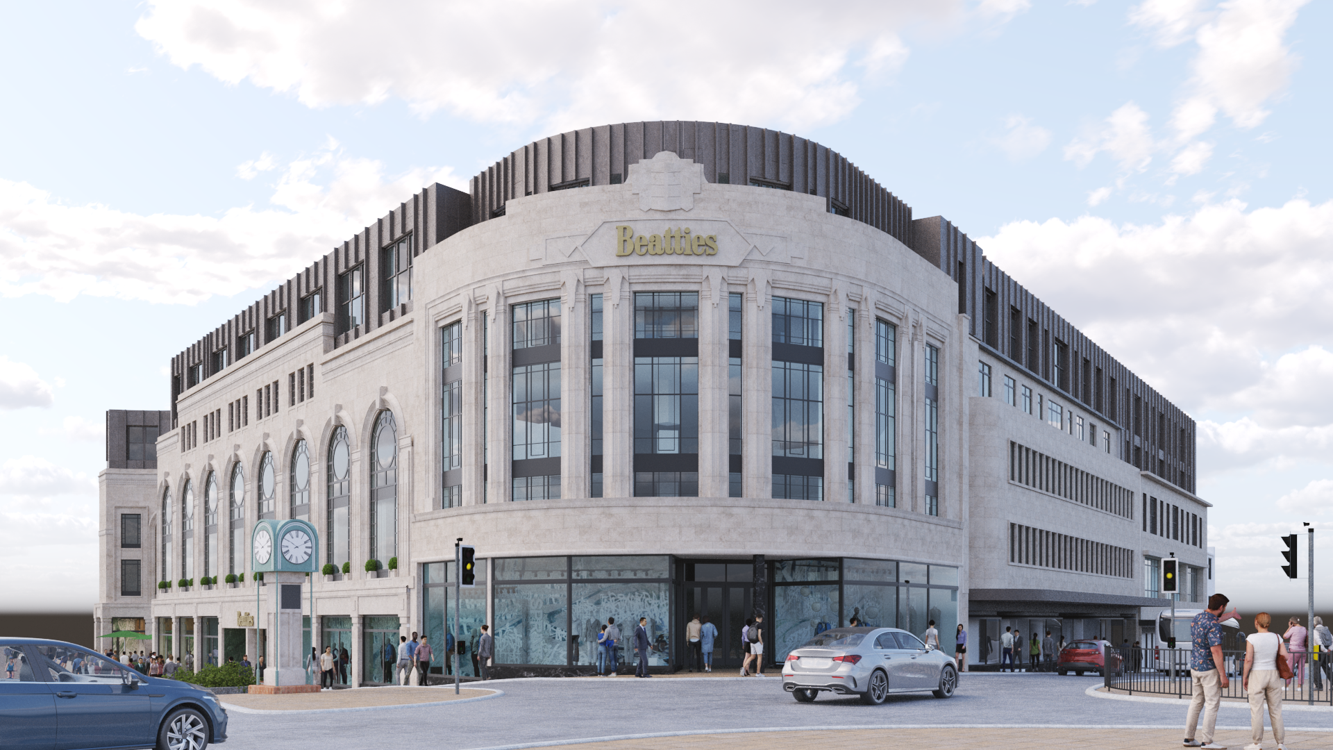 An illustration showing the outside of Beatties next to the road with cars driving past and people walking on the pavement.