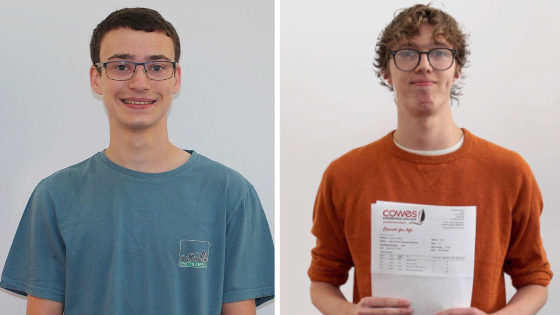 A composite image of Alfie on the left and Blake on the right, they are both looking at the camera and smiling. Alfie has short dark brown hair and wears thing wired framed blue glasses. He is wearing a light blue short sleeved t shirt with a square logo which has black illustrated ocean waves on his chest. Black has mid length dark blonde hair and wears round black glasses. He is holding his results paper in front of his chest and wears an orange long sleeved wool jumper, with the sleeves ruched up to his elbows.