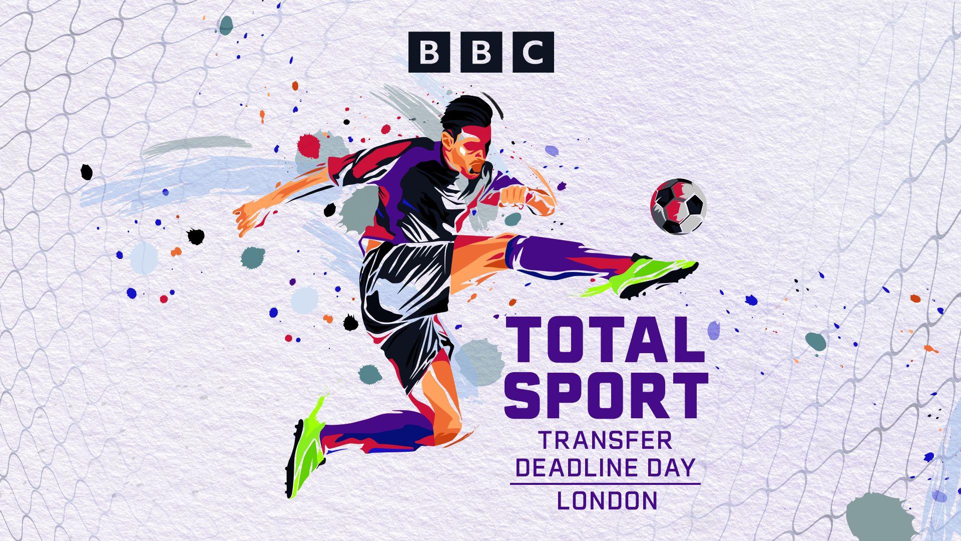 light purple background with a footballer in bright watercolours in action kicking a football next to the words 'total sport transfer deadline day london'