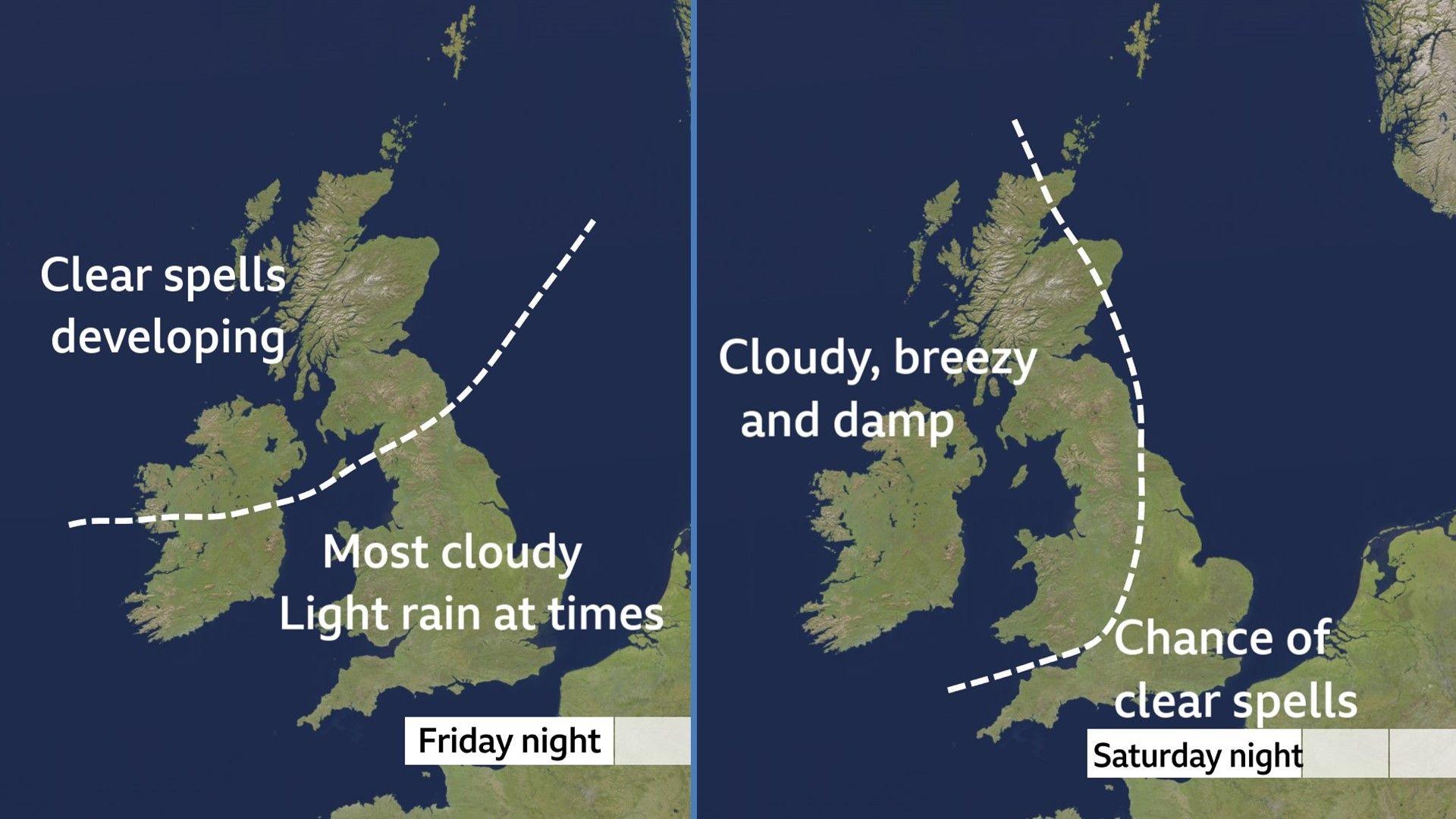 Two maps of UK showing the chance of clear skies on both Friday night and Saturday night. Best chance of clear skies is in the north-west on Friday and the south-east on Saturday.